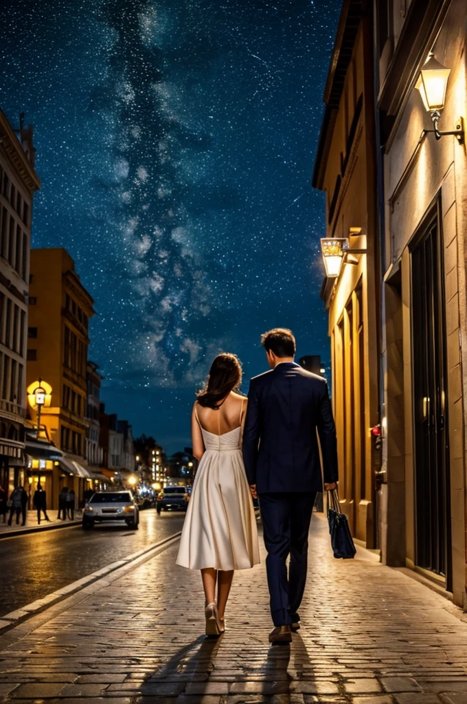 ((best quality)), ((masterpiece)), (detailed)，A couple walking on the city street，The night breeze is blowing，Starry Night，Back