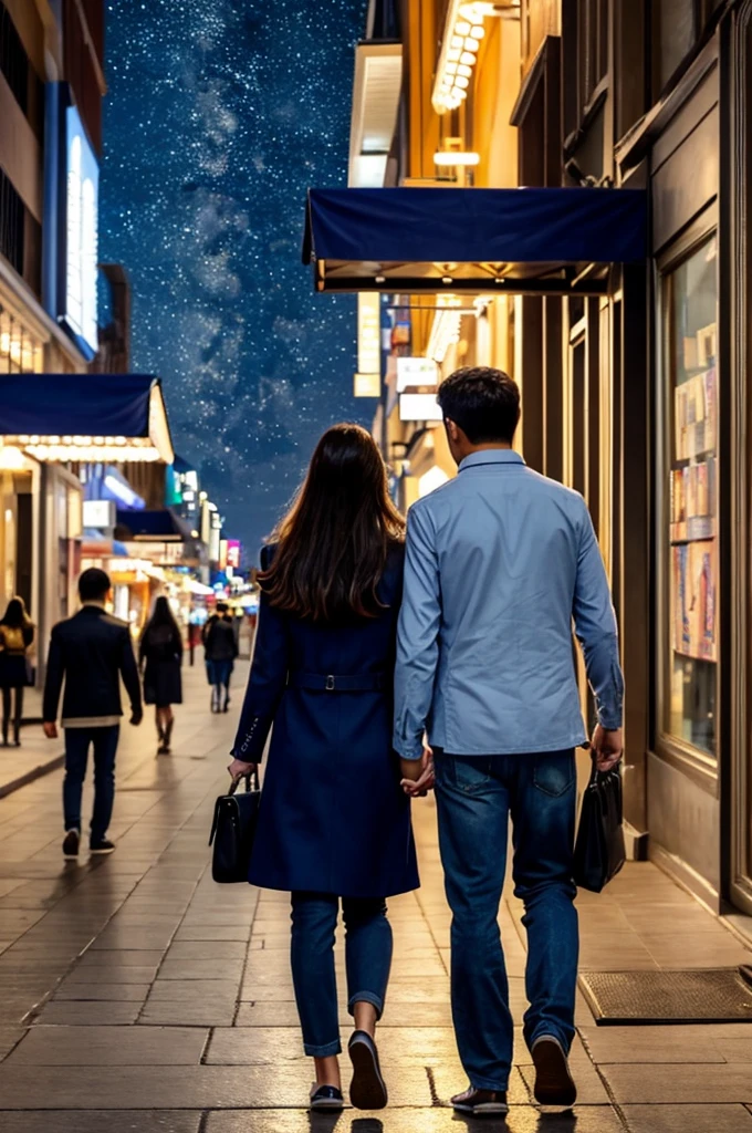 ((best quality)), ((masterpiece)), (detailed)，A couple walking on the city street，The night breeze is blowing，Starry Night，Back