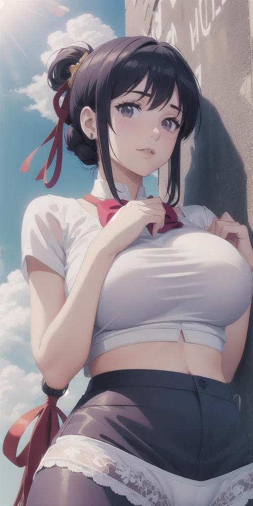 miyamizu_mitsuha, red bowtie,
jewelry, white yoga crop top, white yoga tight shorts, hands on chest,see-through, looking at viewer, hair ornament, choker, shy,
(masterpiece, top quality, best quality, official art, beautiful and aesthetic:1.2), (1 girl), extreme detailed, colorful, highest detailed,
(huge breasts:1.2, upper body, from below, cameltoe, ) white panties,
china city,street, sun, cloud, wall, leaning,
