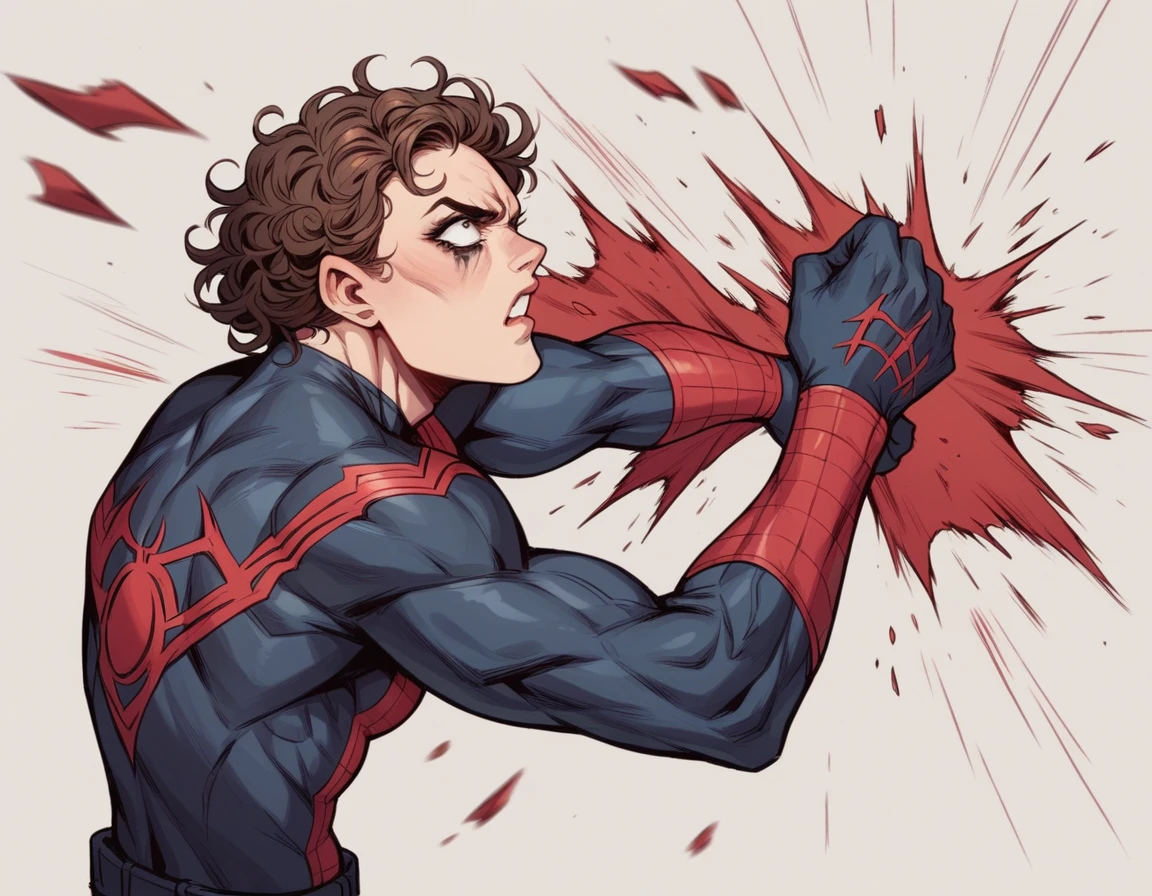 in the Marvel Comics style, create one with shoulder-length, curly brown hair, light-skinned girl in black spiderman suit punching carnage in the middle of a destroyed city