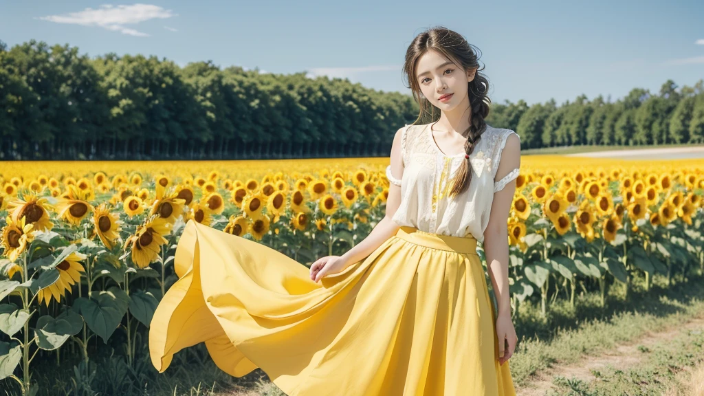 (((best quality))), (((ultra detailed))), (((masterpiece))), illustration, a picturesque scene of a beautiful Ukrainian girl standing amidst a field of sunflowers, short braided blonde hair, ((vibrant blue shirt,Maxi bright yellow skirt)),((standing,arms behind back,from front,upper body)),complementary attire, horizon as backdrop, brilliant shade of clear blue sky, stark contrast with yellow flowers, sea of yellow sunflowers, girl's presence adds intimacy, striking features, sharp piercing eyes, warm kindness, subtle smile, gentle nature, simplicity of beauty, natural setting, yellow dress cascading to ankles, fluttering in gentle breeze, short braids tied with colorful ribbons, playfulness, beauty in simplicity, girl standing out against vivid backdrop, harmonious fusion of nature's splendor and human grace, viewer captivated by girl's beauty, serenity of sunflower field, invites imagination of tranquility, away from chaos of everyday life, reminder of inherent beauty in world around us, waiting to be discovered