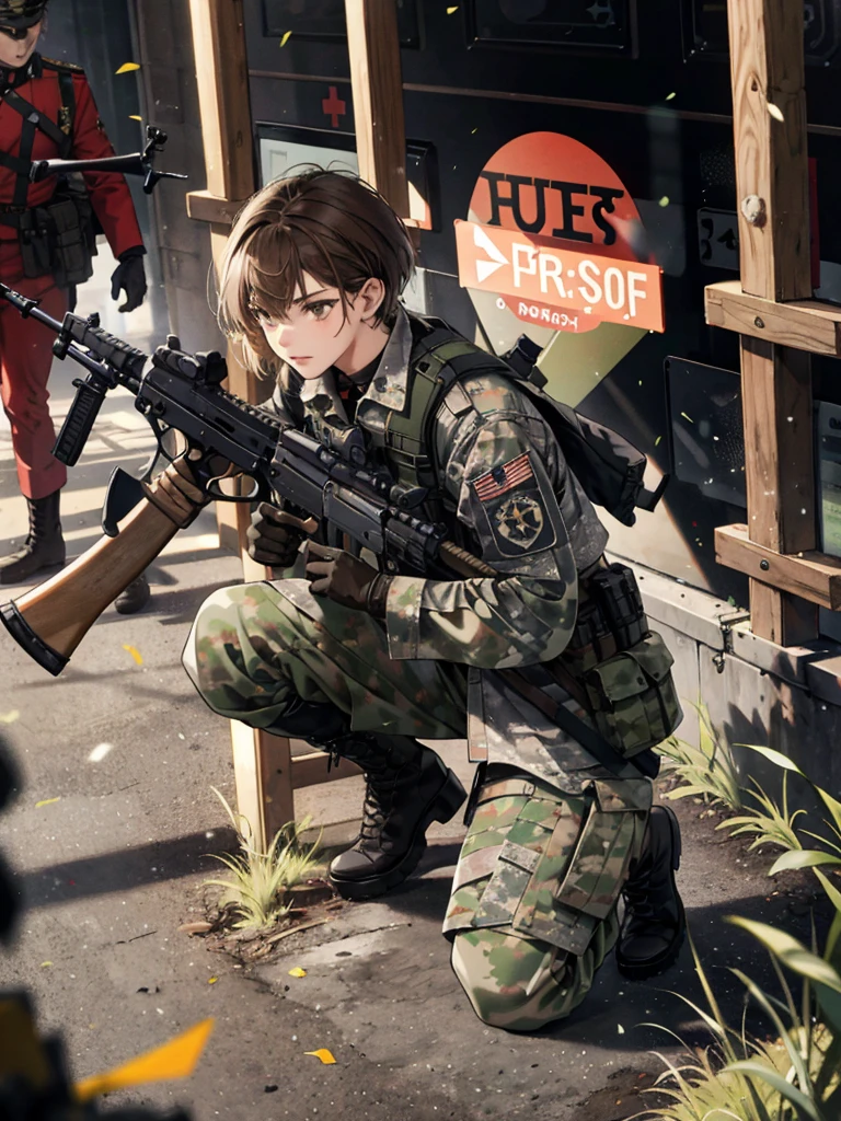 1girl, solo, short hair, brown hair, gloves, weapon, boots, uniform, gun, military, military uniform, rifle, assault rifle, one knee, camouflage