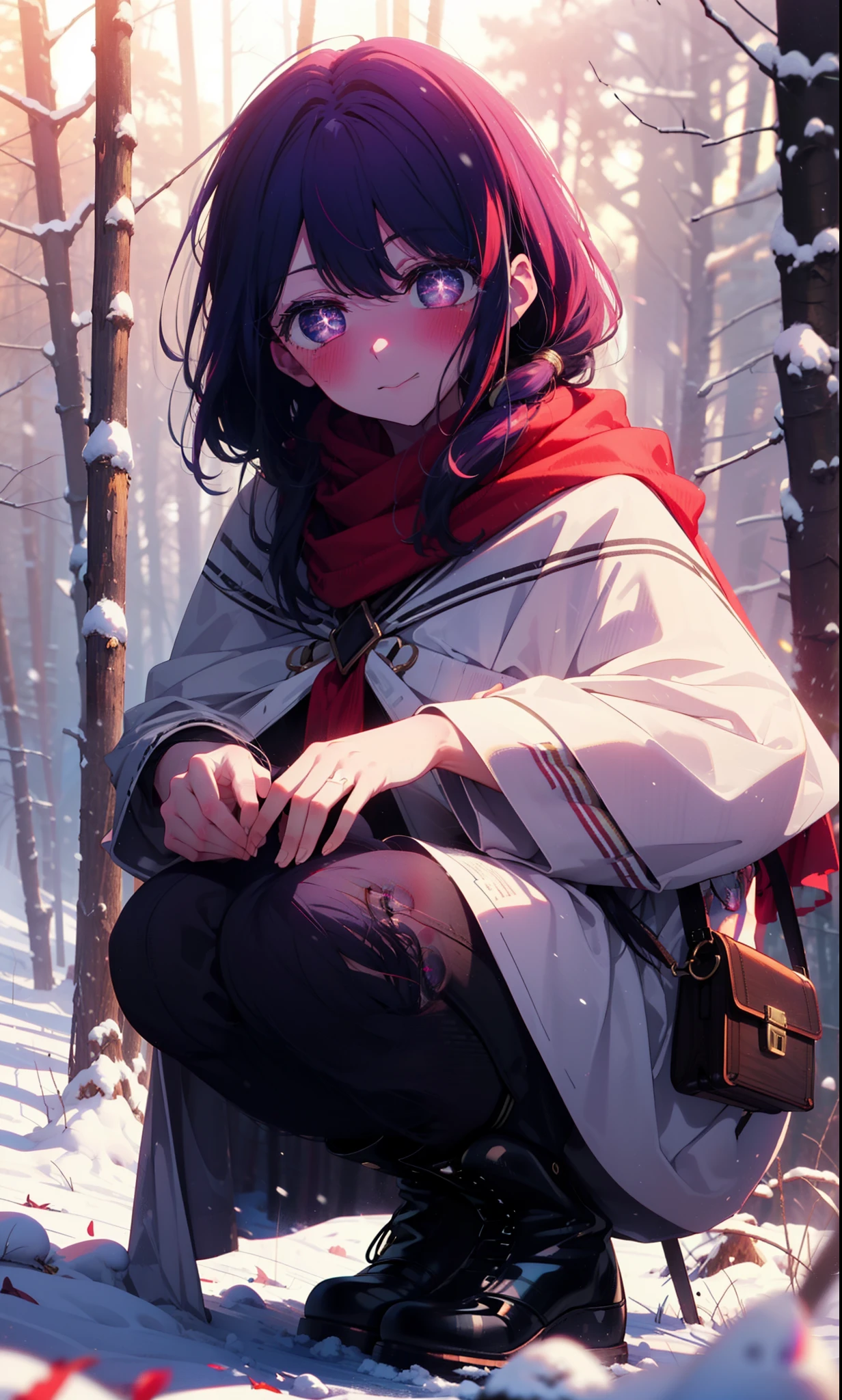 aihoshino, Ai Hoshino, Long Hair, bangs, (Purple eyes:1.1), Purple Hair, (Symbol-shaped pupil:1.5), smile,,smile,blush,White Breath,
Open your mouth,snow,Ground bonfire, Outdoor, boots, snowing, From the side, wood, suitcase, Cape, Blurred, , forest, White handbag, nature, Squat, Mouth closed, Cape, winter, Written boundary depth, Black shoes, red Cape break looking at viewer, Upper Body, whole body, break Outdoor, forest, nature, break (masterpiece:1.2), Highest quality, High resolution, unity 8k wallpaper, (shape:0.8), (Beautiful and beautiful eyes:1.6), Highly detailed face, Perfect lighting, Extremely detailed CG, (Perfect hands, Perfect Anatomy),