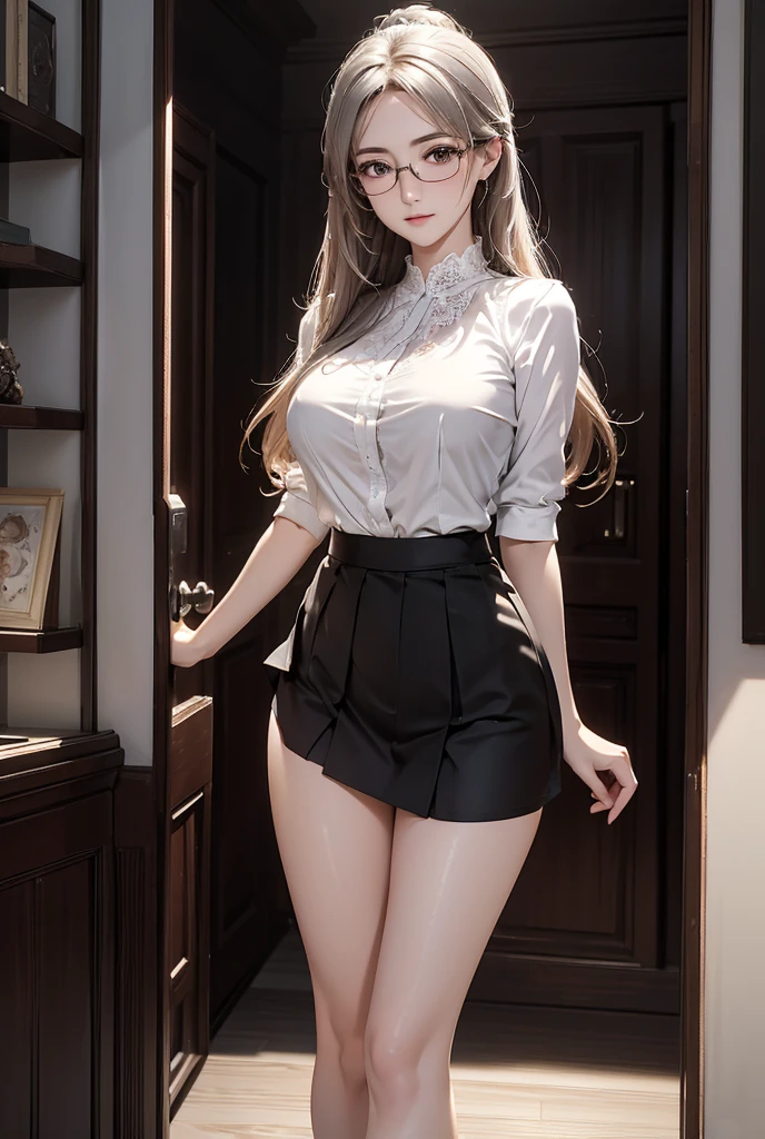 (Very detailed content:1.3),
1 busty girl, Solitary, Full Body Love,enchanting,
hold head high_DV, Orange eyes, Half frame glasses, A faint smile,
Ultra Detail, (high resolution:1.1), best quality, (masterpiece:1.3), light,Papillary process,Short skirt,Underwear can be seen from inside the skirt,Lace panties can be seen from inside the skirt
