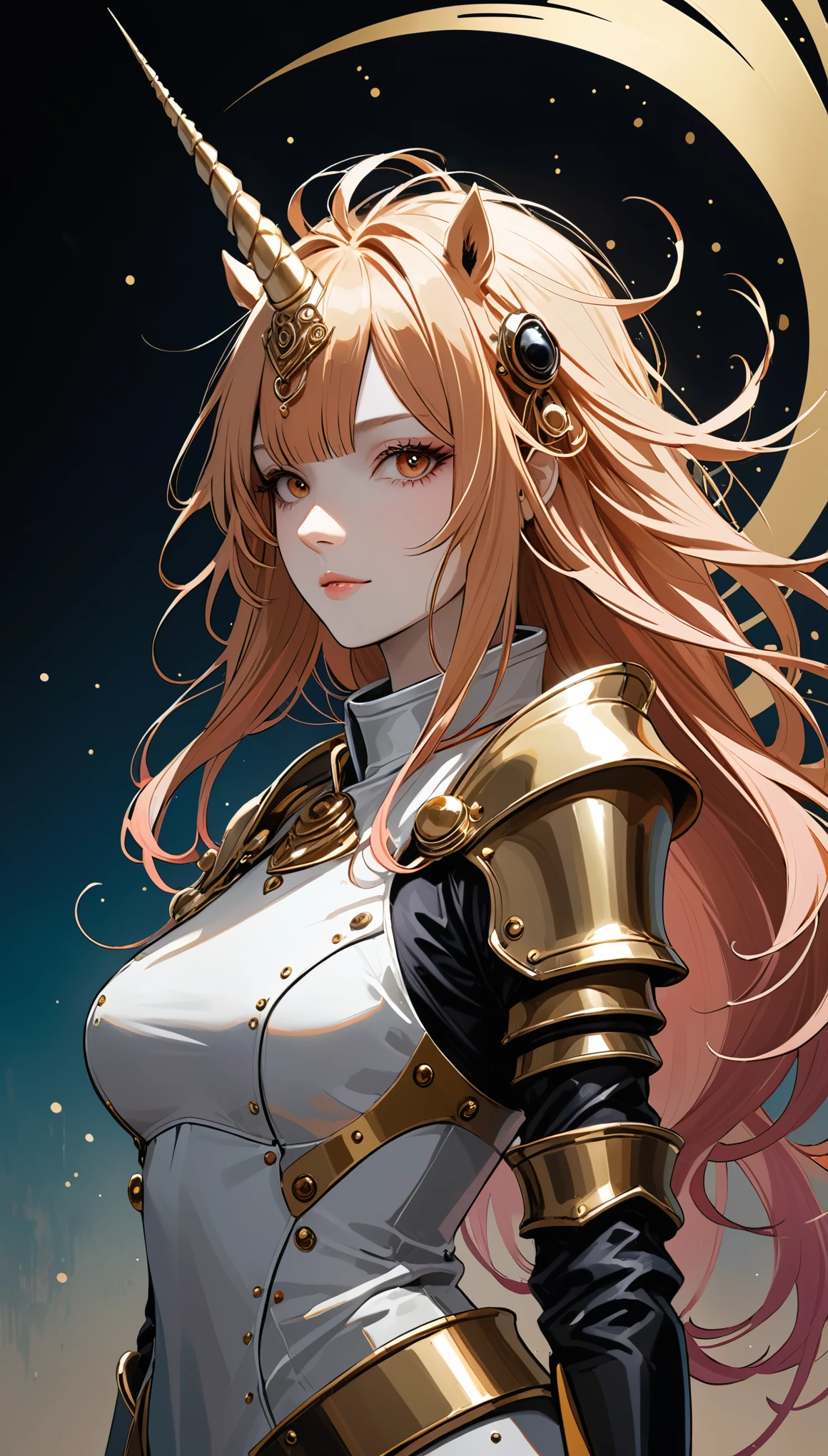 (in style of Ashley Wood:1.4),in style of Santiago Caruso, 1girl，独奏, queen \(chess\),,unicorn horn，metal spiral sharp corners,Diffuse gradient，Ultra-wide color gradation dispersion，