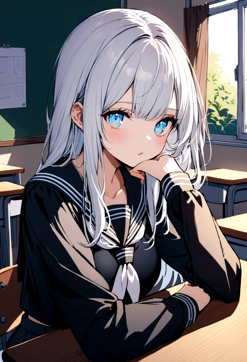 A girl with white hair, light skin, light blue eyes and medium Breast's, wearing a sailor fuku sitting at her desk in a classroom and wearing a black sailor fuku