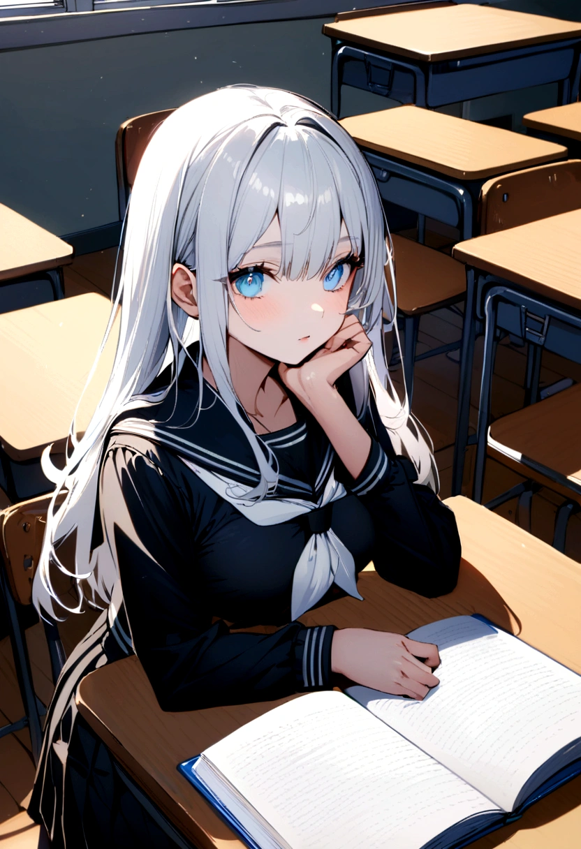 A girl with white hair, light skin, light blue eyes and medium Breast's, wearing a sailor fuku sitting at her desk in a classroom and wearing a black sailor fuku