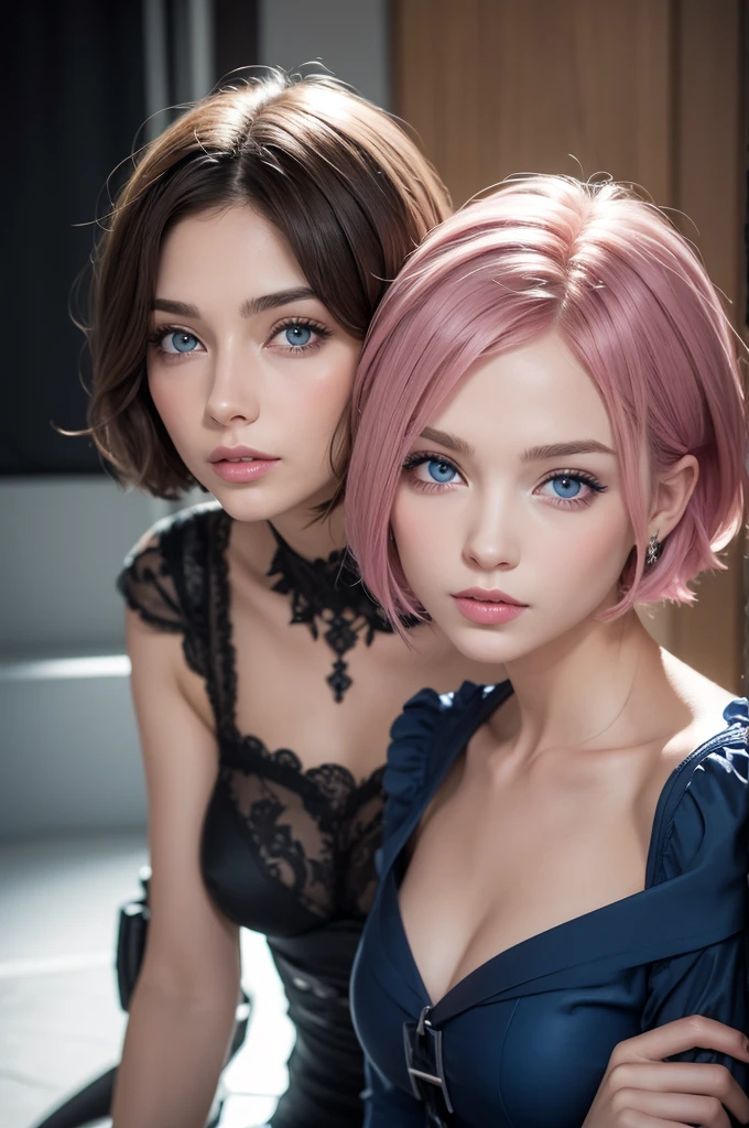 one with short brunette hair blue eyes with a coropedi and a short pink mouth 