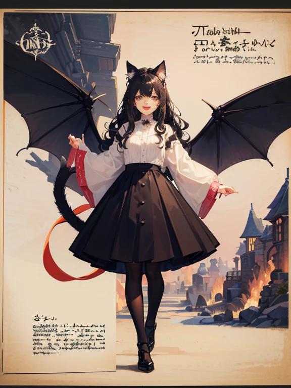 ​masterpiece, pages a drawing of a Half body, A beautiful woman, long wavy black hair, brown eyes, casual clothing, cat ears and tail, fangs,  bonitos, flying in sky, jewel, pearl,standing upright, forgotten_.pages