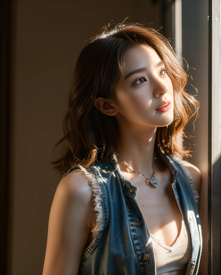 ((Medium chest, Long hair, Small head)), sunlight, Sunlight, (Chiseled abdominal muscles: 1.1), (Perfect body: 1.1), (Short Wavy Hair: 1.2), Auburn hair, collar, chain, full-body shot, Dilapidated streets, Wearing a black vest, denim jacket, ((Extremely detailed的 CG 8k 壁纸), (Extremely refined), (masterpiece), (best quality: 1.0), (Super Resolution: 1.0), Beautiful Lights, Perfect Lightning, Realistic shadows, [high resolution], Delicate skin, Extremely detailed