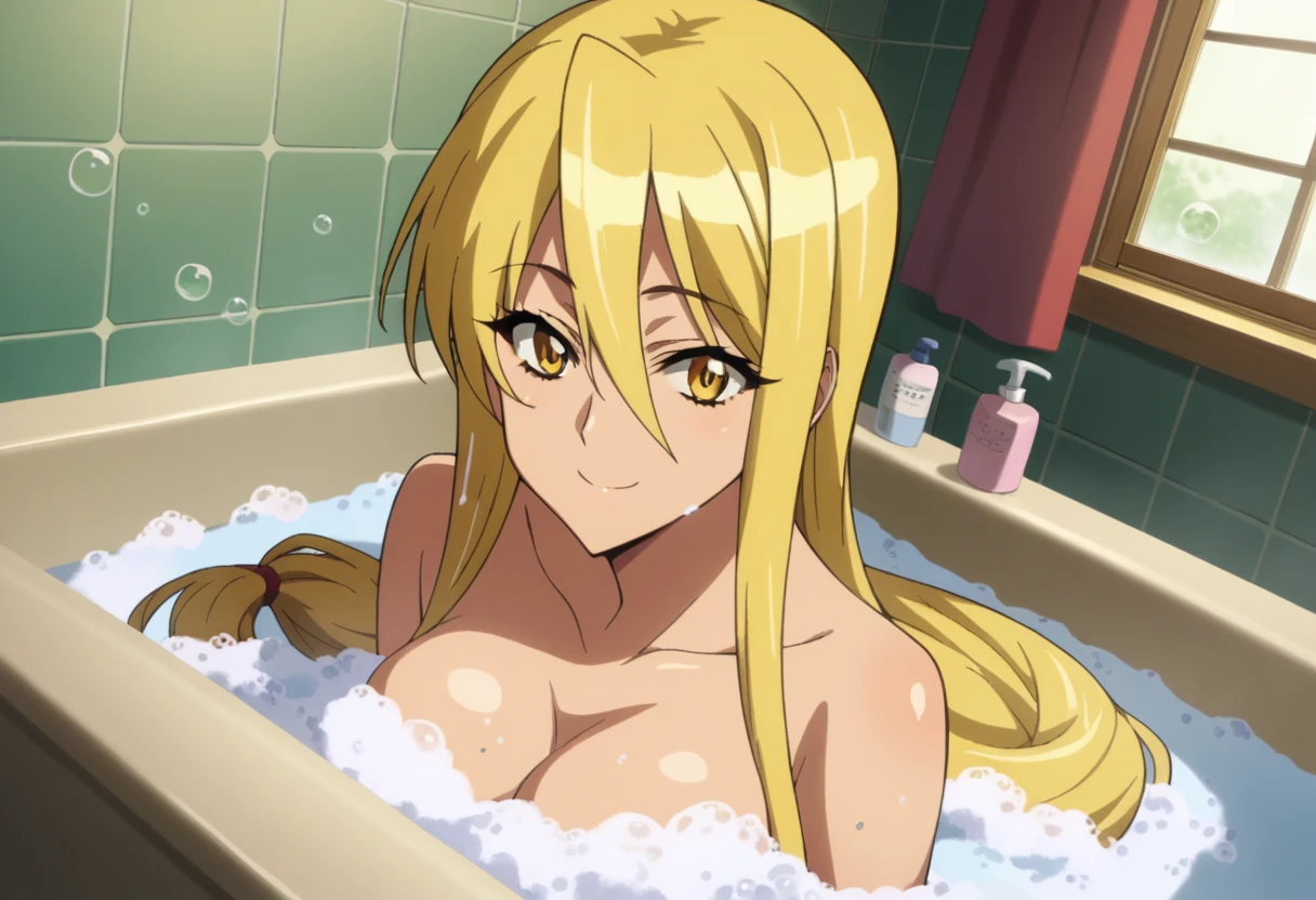 score_9, score_8_up, score_7_up, source_anime,
shizukamarikawa, shizuka marikawa, long hair, blonde hair, very long hair, low-tied long hair, yellow eyes, hair between eyes, smile,
nude, naked,
indoors, bathtub, bathing, bath, bathroom, bubble bath, soap bubbles, partially submerged, tiles, soap, soap censor, water,
looking at viewer, dutch angle,