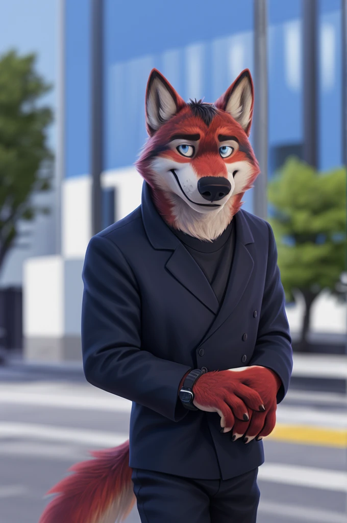 Ivan Fedorovich Wolfbach (Novosibirsk) ,tall handsome, wolf,young, 24 years, brown fur,Kind,(red body:1.3),beautiful blue eyes,Novosibirsk,dressed,blazer, black shirt, white tie in blue and black, trousers,canine, wolf, detailed fur, male, antro, paw pads, finger claws,At the viewer, 5 fingers, paws, 5 fingers, smile, wrist watch, т nextel,by xenoforge, (difficult, high detail, digital photography, soft focus, RAW variety,Very close to the camera, variety,Novosibirsk, smile, good mood, positive, Very close to the camera,black shirt белый галстук бабочка, viewers love him, walking with daughter,
Photorealism, realistic, photorealistic, digital style, Subsurface scattering,I look at the viewer, in the shop, chooses flowers for mom,
masterpiece, Best quality, ultra realistic, 8 k)