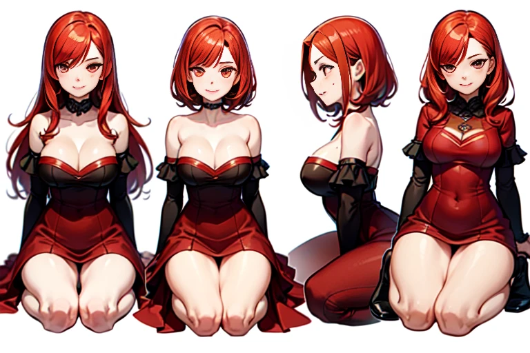 Highest quality,anime style, Detailed face, Character Sheet,(((young woman:1.5))), ((whole body:1.2)), Full of details, multiple postures and expressions, Very detailed, depth, ung woman, (masterpiece), 8KHighest quality, Expressive eyes, Perfect Face, High resolution, 1 Girl, alone,Character design sheet, (Redhead:1.5) (Female Body:1.3),smile, Medium Hair, (Orange eyes), (Female Body:1.3), clavicle, naked, Without clothes, Slender figure,Cleavage,seiza,Sitting pose, Blushed,Sweaty, glistening skin,Looking at the audience,(White background),Plain white background,