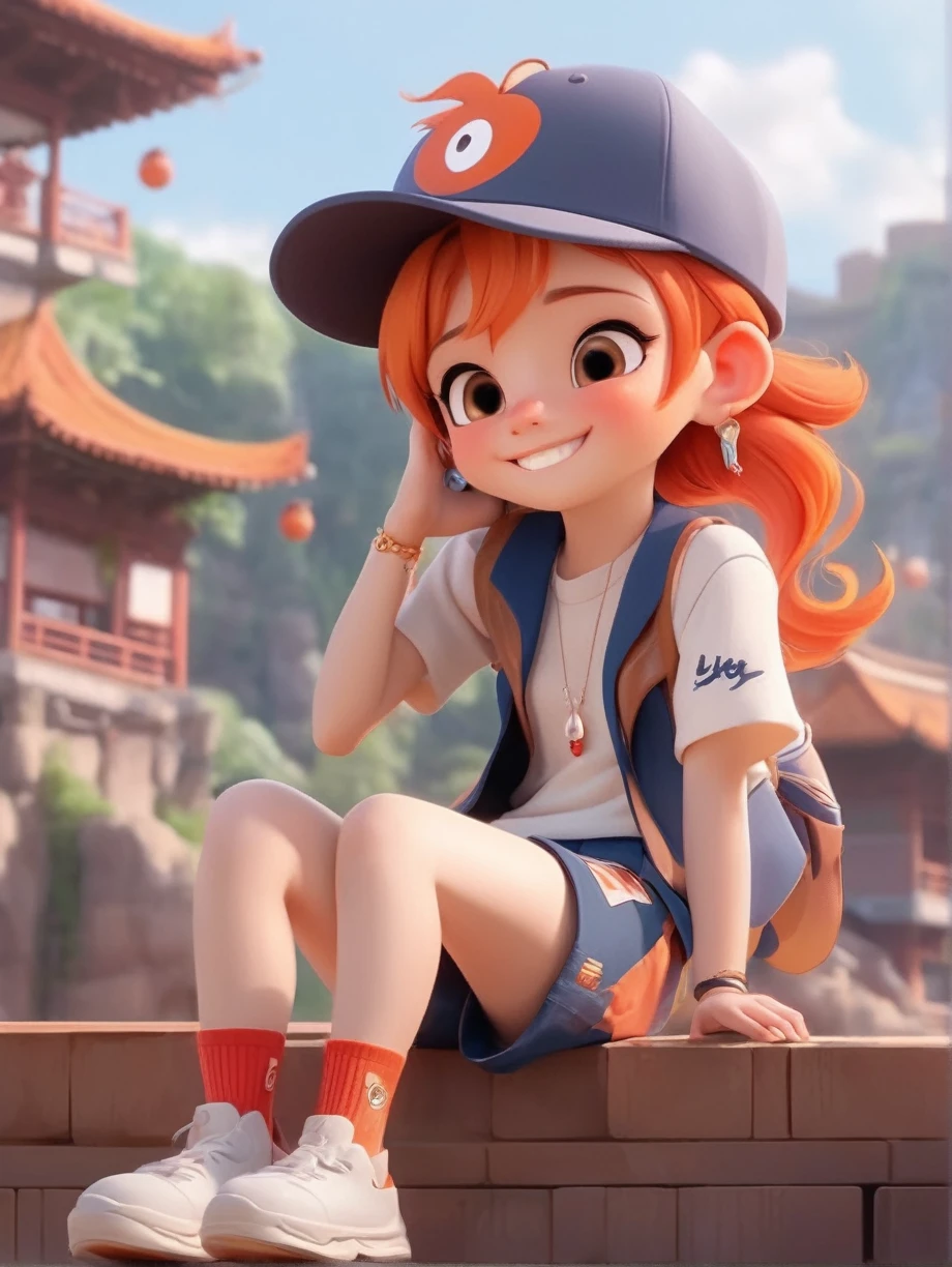 Pixar style,MG_intellectual property,1 Girl,have,Solitary,Jewelry,sit,Baseball cap,earrings,shoe,shorts,Orange Hair,Long hair,Smile,shirt,运动shoe,白色shoe,Red Cliff,blush,sock,white shirt,bottle,Looking at the audience,Short sleeve,white sock,Vest,whole body,Shut up,
