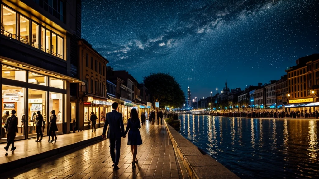 ((best quality)), ((masterpiece)), (detailed),A couple walking on the city street,The night breeze is blowing,Starry Night,Back
