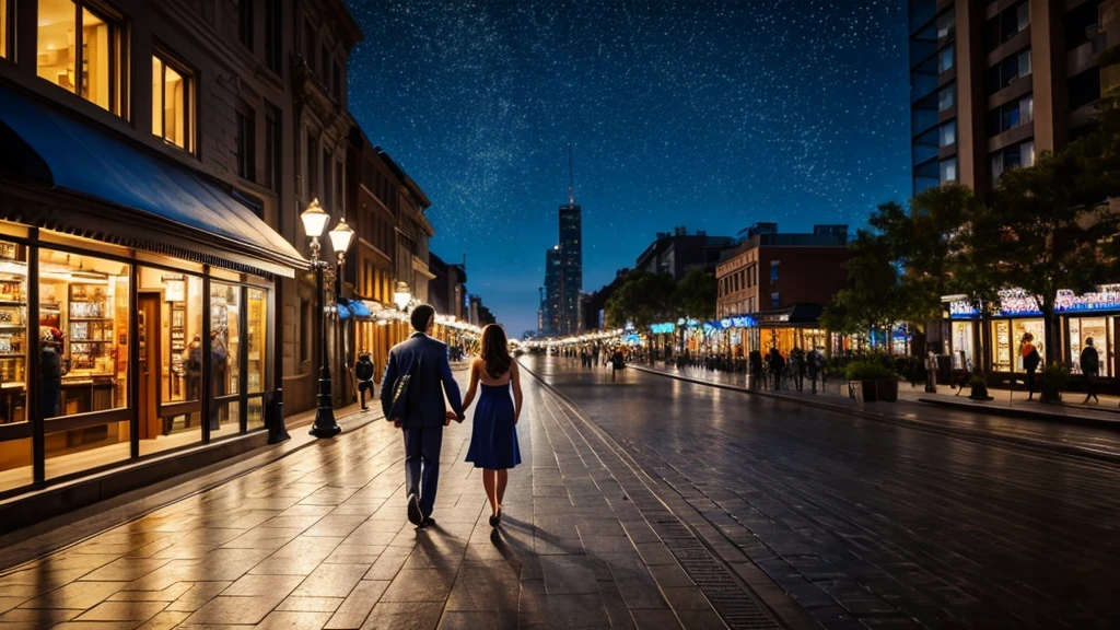 ((best quality)), ((masterpiece)), (detailed)，A couple walking on the city street，The night breeze is blowing，Starry Night，Back