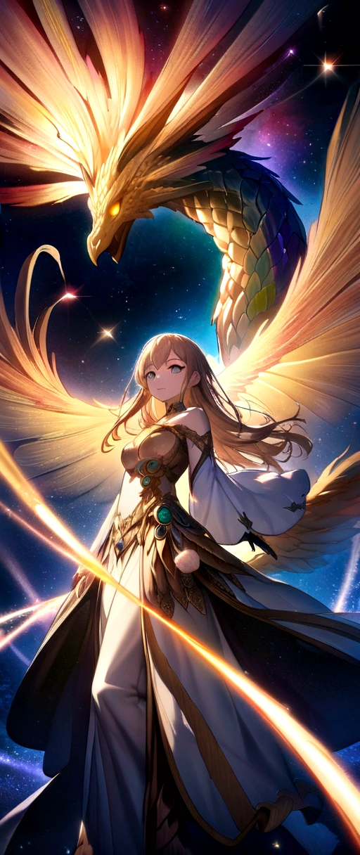 (masterpiece, Highest quality, Highest quality, Official Art, beautifully、aesthetic:1.2), (One girl), Highly detailed eyes, (Fractal Art:1.3), colorful, Most detailed, (Perfect Face), Shiny skin, High resolution, (White cloak Golden Line:1.2), Milky Way, (Streaks of Light), Impressive visuals, (Dynamic stripes, Light trail:1.2), Vibrant colors, (Phoenix), (Dragon)