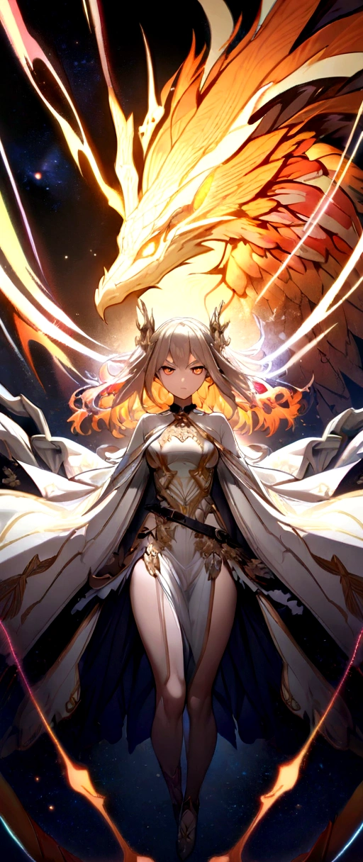 (masterpiece, Highest quality, Highest quality, Official Art, beautifully、aesthetic:1.2), (One girl), Highly detailed eyes, (Fractal Art:1.3), colorful, Most detailed, (Perfect Face), Shiny skin, High resolution, (White cloak Golden Line:1.2), Milky Way, (Streaks of Light), Impressive visuals, (Dynamic stripes, Light trail:1.2), Vibrant colors, (Phoenix), (Dragon)