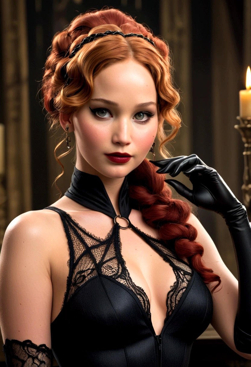 Full body shot Jennifer Lawrence catwoman, ringlets wavy five feet long red hair, updo hairstyle with ponytail on one side and long hairpins holding the bun long braid, strong thighs, dark red glossy lips, heavy black eye shadow long black eyeliner, long sharp claws, black lace beautiful and creative catwoman bodysuit with no jewels, huge cleavage, clear ears no earrings, no earrings, no earrings, no earrings, no jewels, beautiful forehead lace ornament, posing in a feminine catwoman den, happy expression, dark ambience night time candle lights. No faces on her chest!