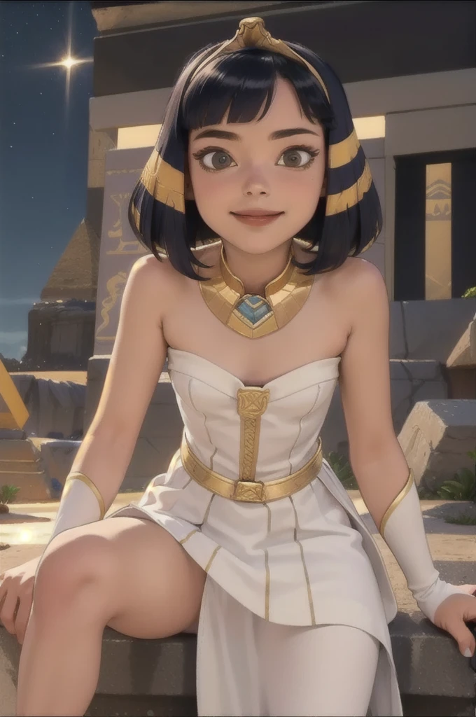 Cleopatra, 1girl, solo, sark skin, tiara, white dress, pharaoh collar, gold collar,
smile,closed mouth,cowboy shot, sitting,
desert, pyramid \(structure\),
(insanely detailed, beautiful detailed face, masterpiece, best quality) cinematic lighting,