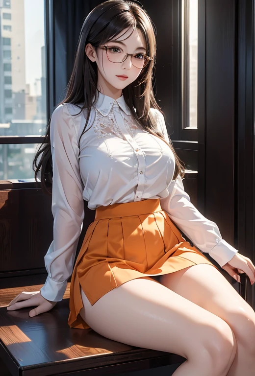 (Very detailed content:1.3), 1 busty girl, Sitting alone, enchanting，Orange eyes, Half frame glasses, A faint smile, Ultra Detail, (high resolution:1.1), best quality, (masterpiece:1.3), light,Papillary process,Short skirt,Underwear can be seen from inside the skirt,Lace panties can be seen from inside the skirt