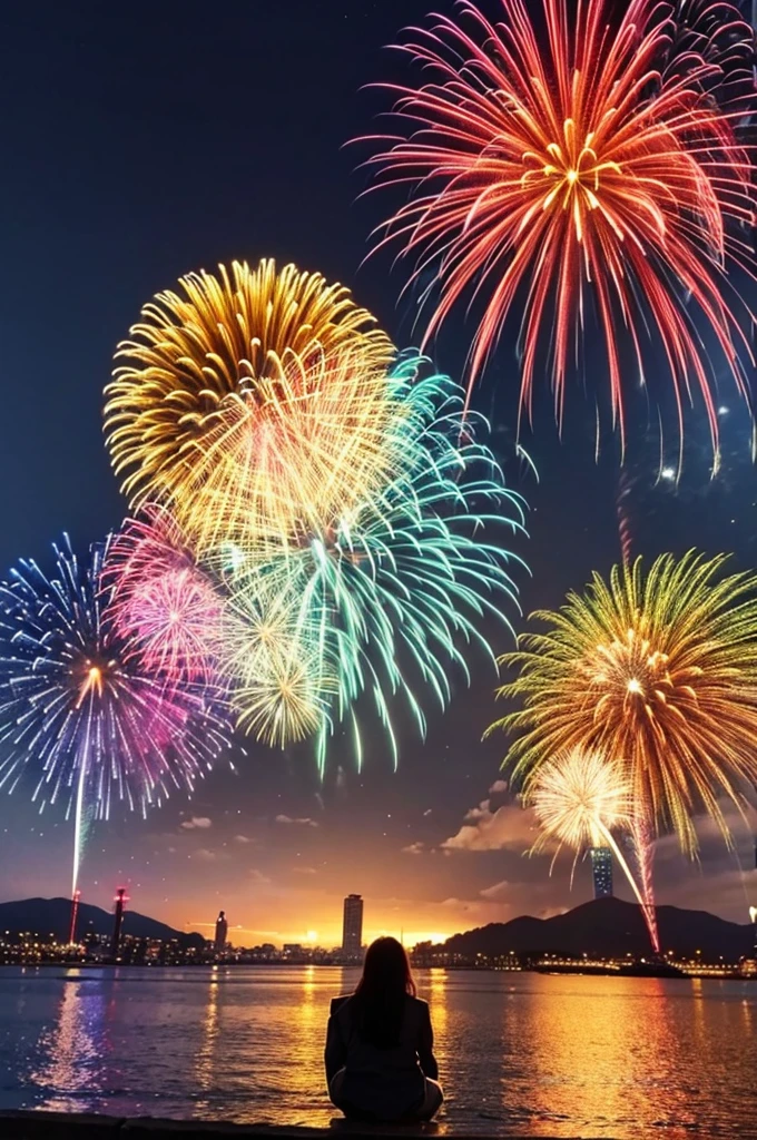 Please depict a mesmerizing display of multicolored fireworks bursting in the sky that humans cannot draw.