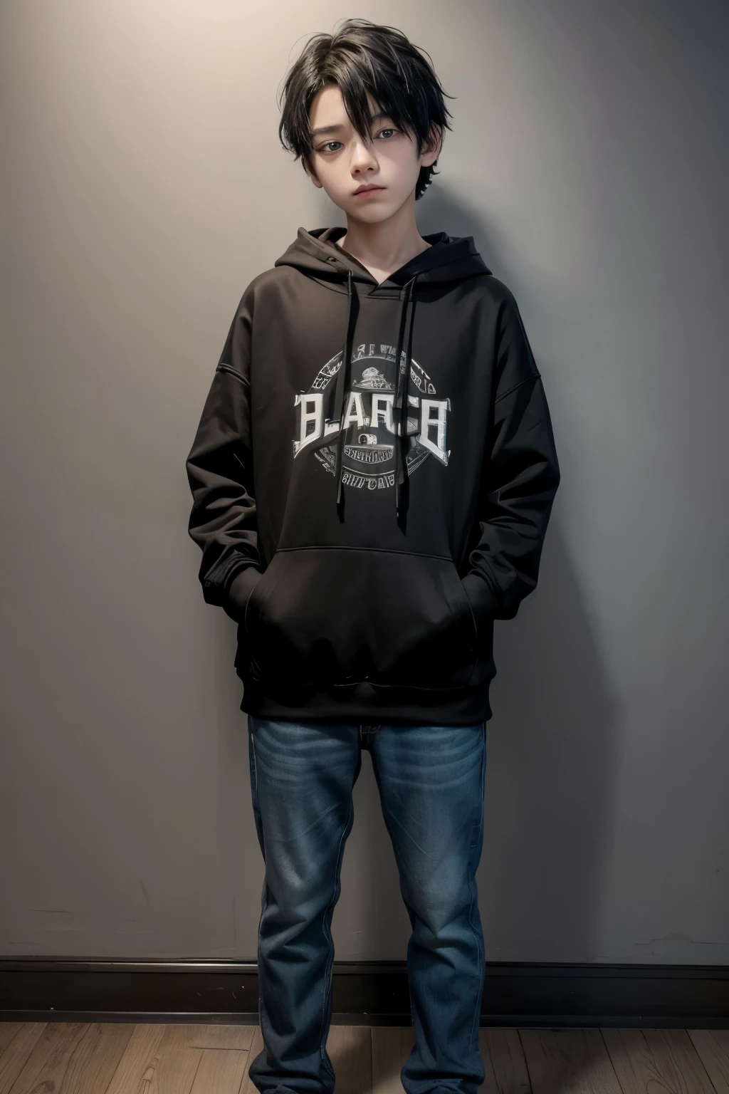 12 year old boy with black hair hoodie with a guitar full body black eyes
