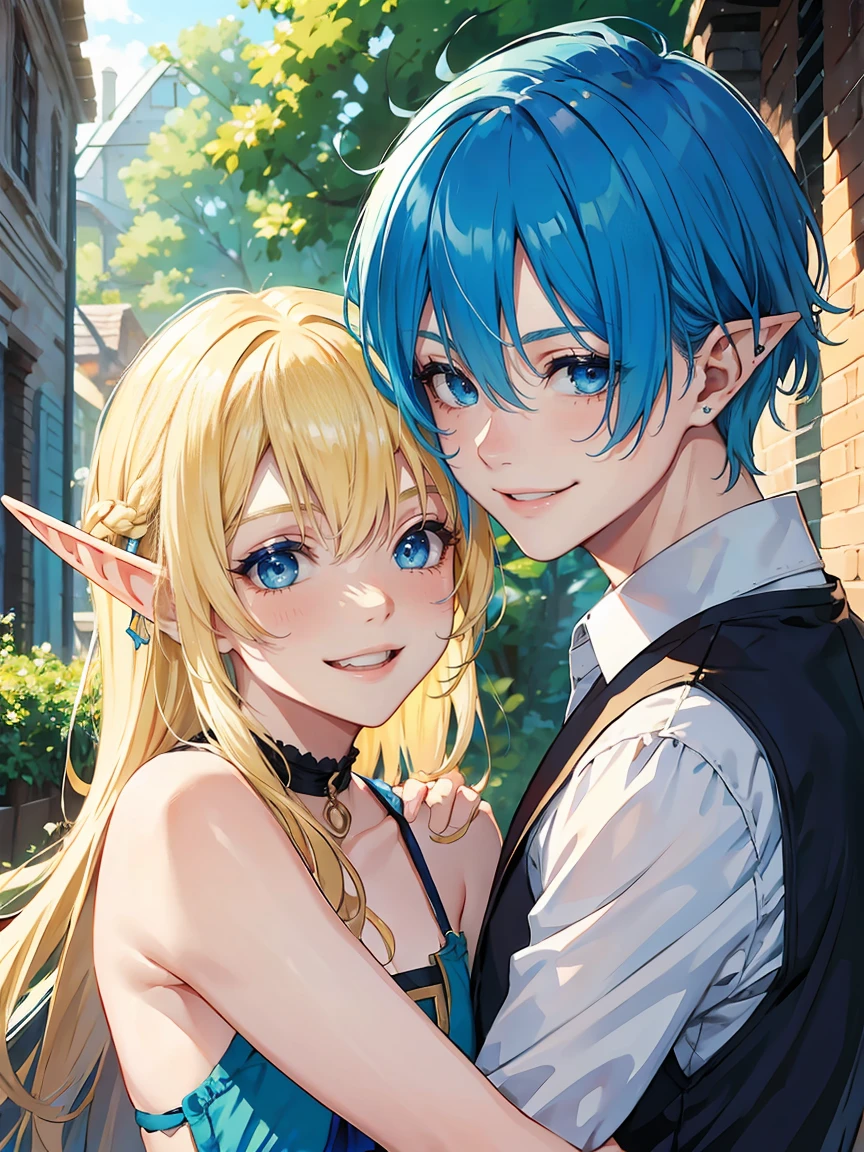  with blue hair playing with a blond hair elf boy, close friends, smiling, laughing