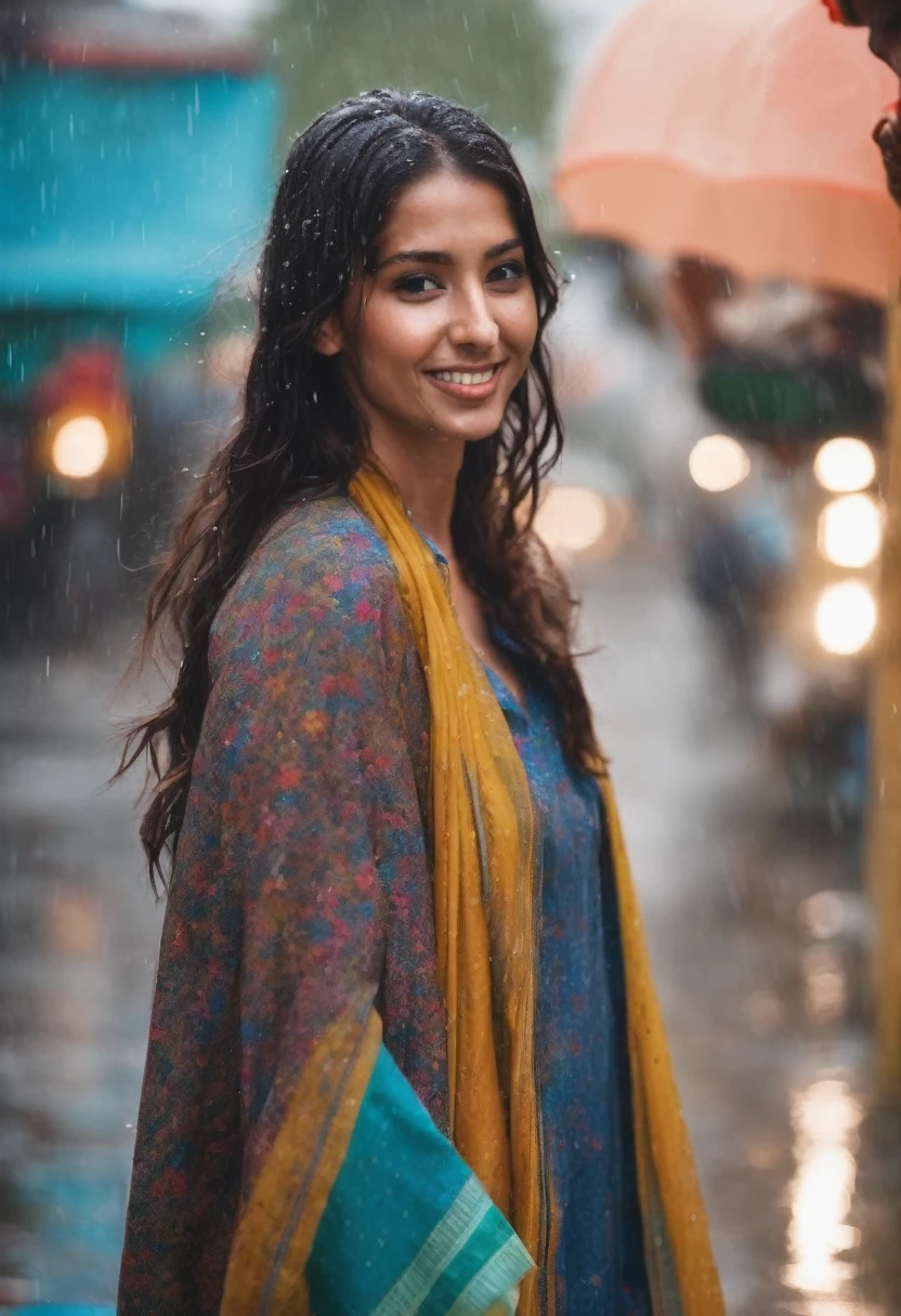 brunette with indian features happy in the rain