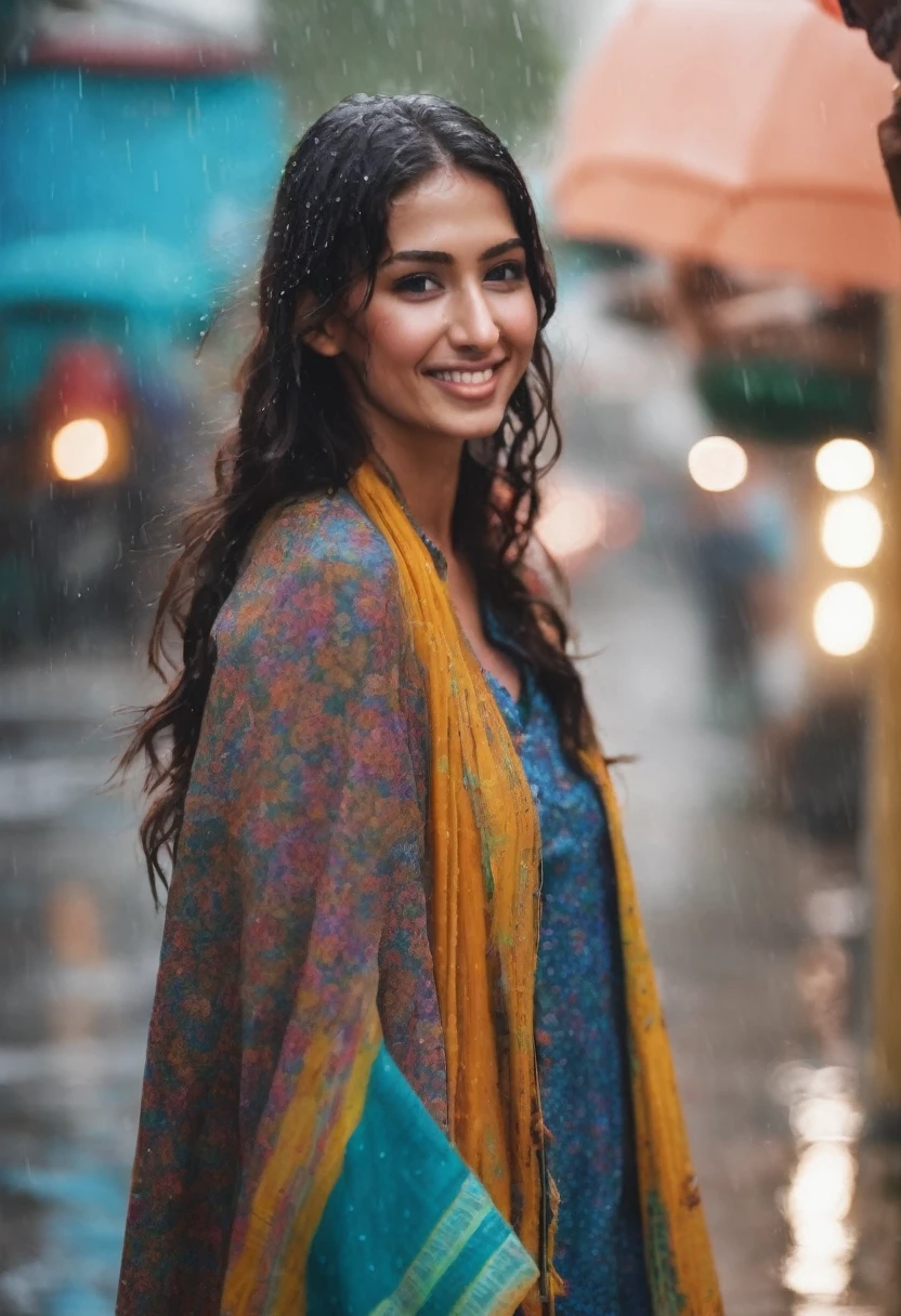  brunette with indian features happy in the rain