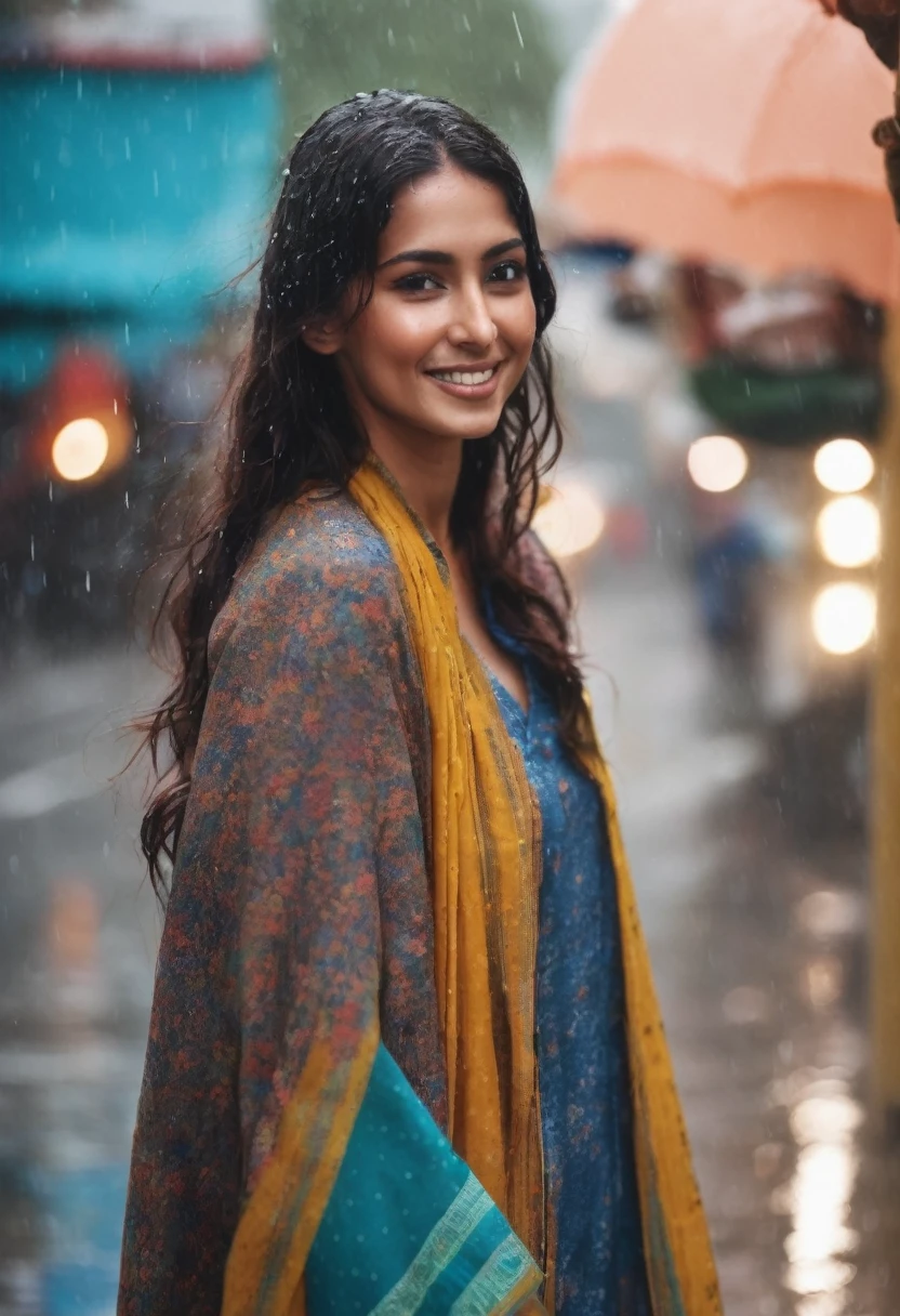 brunette with indian features happy in the rain