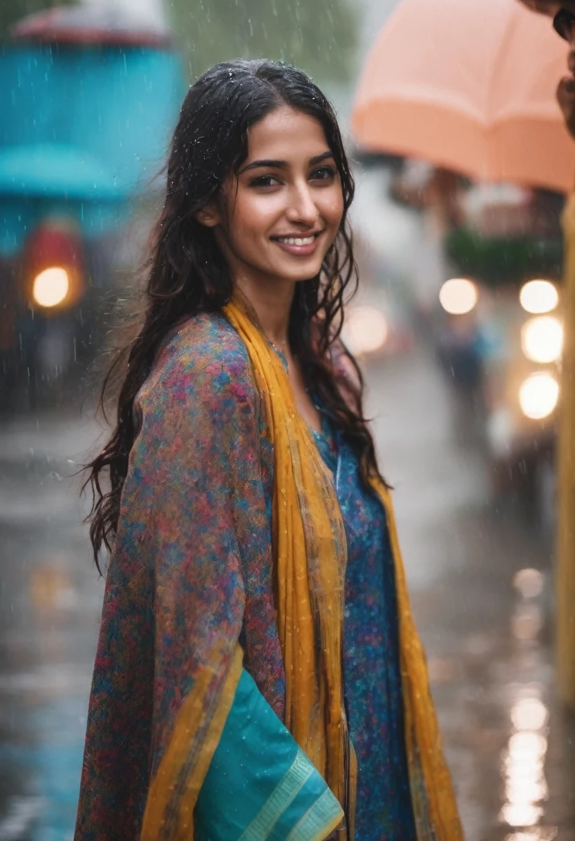  brunette with indian features happy in the rain