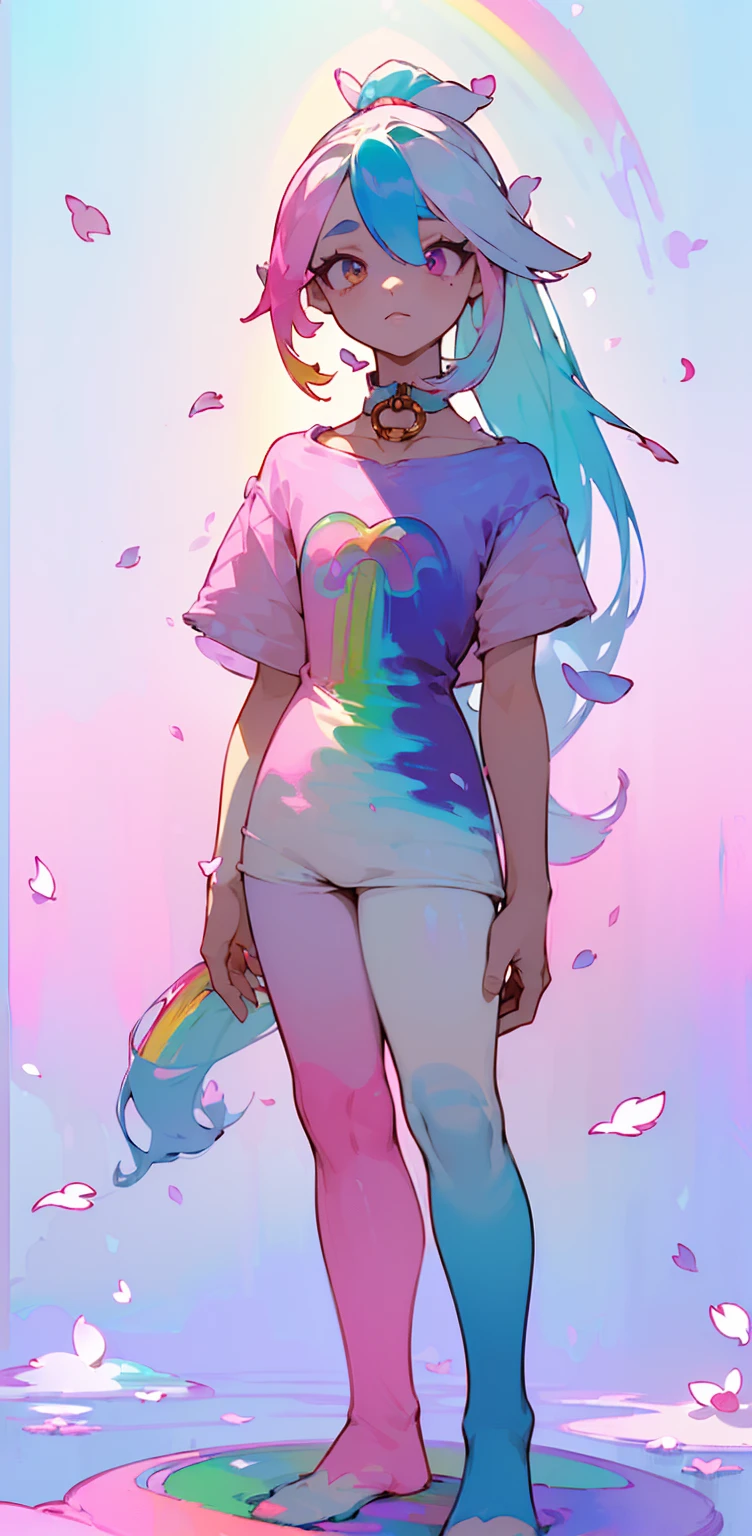 (Pink Fashion T-shirt: 1.9),(colored hair: 1.8), (all colors of the rainbow: 1.8),(((((vertical painting:1.6))), (painting:1.6),正面, comic , illustrations, paintings, eyes large, crystal clear eyes,(Color Gradient rainbow high ponytail:1.7), exquisite makeup, cloused mouth,(Small Fresh: 1.5),(Clean chest: 1.6), Long eyelashes, white off the shoulder t-shirt, White shoulder shirt, looking at the audience, big watery eyes, (rainbow colored hair:1.6), Start of color, (standing alone: 1.8), Start of color, burst of colour, thick painting style, messy lines , ((Ablaze)), (colorfully), (colorfully), (colorfully), colorfully, thick painting style, (Start) (color Start), vertical painting, trunk, paint Start, Acrylic Pigment, Gradient, paint, A highest quallity de imagem, highest quallity, work of art, standing alone, Depth of field, face painting, colorfully clothes, (fashionable: 1.2), comely, long hair, Tuuli, (fashionable: 1.3), ( petals: 1.4),((work of art))),((best qualityer))),((ultra detali)),(illustration),(dynamic angle),((floating)),(painting),( (disheveled hair)),(standing alone),(1 girl) , (((detailed anima face))),((detailed anima face)),(comely detailed face)),necklase,bared shoulders,White hair,((hair colorfully)),((striped hair)),(comely detailed eyes,(Gradient color eyes),((colorfully eyes))),(((colorfully background))),(high saturation))),((surrounded by colorfully Startes))),