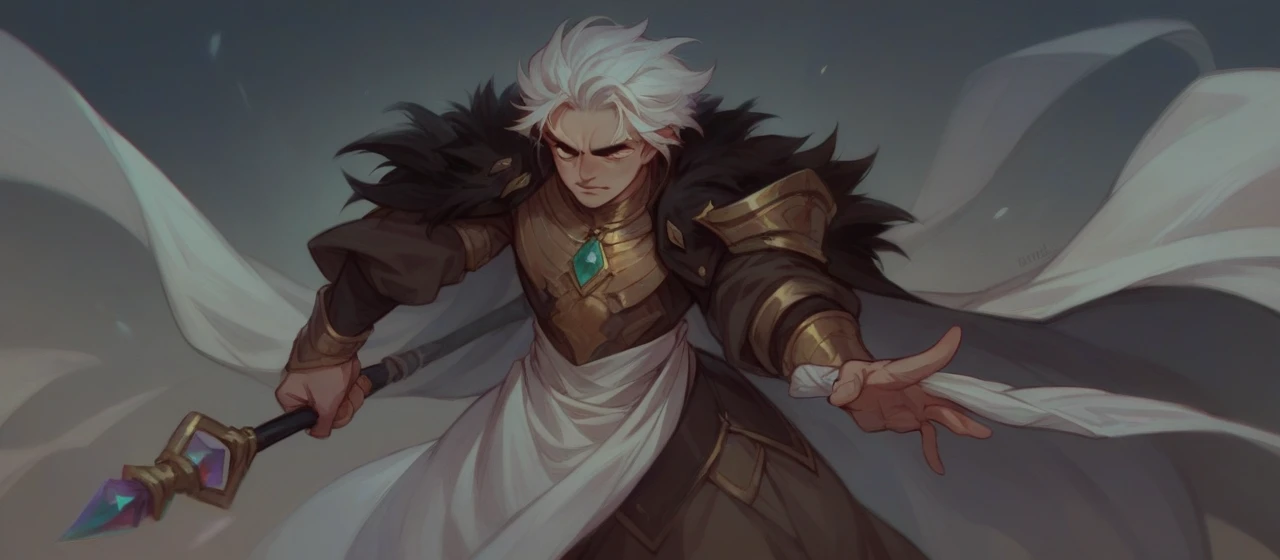 The image shows a character with white hair, dressed in a black and gold outfit, holding a staff with a gem on top.