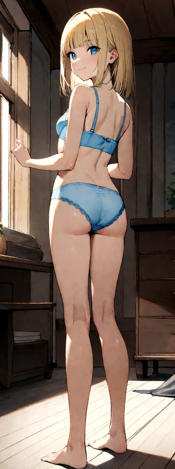 1 Female, alone, Young girl, , Straight Blonde Hair, Blunt bangs, blue eyes, (smile), (masterpiece, Highest quality:1.2) Delicate illustrations, Super detailed, Medium chest, Backwards、look back、((Full Body Shot)), (Light blue bra、Light blue panties), living room