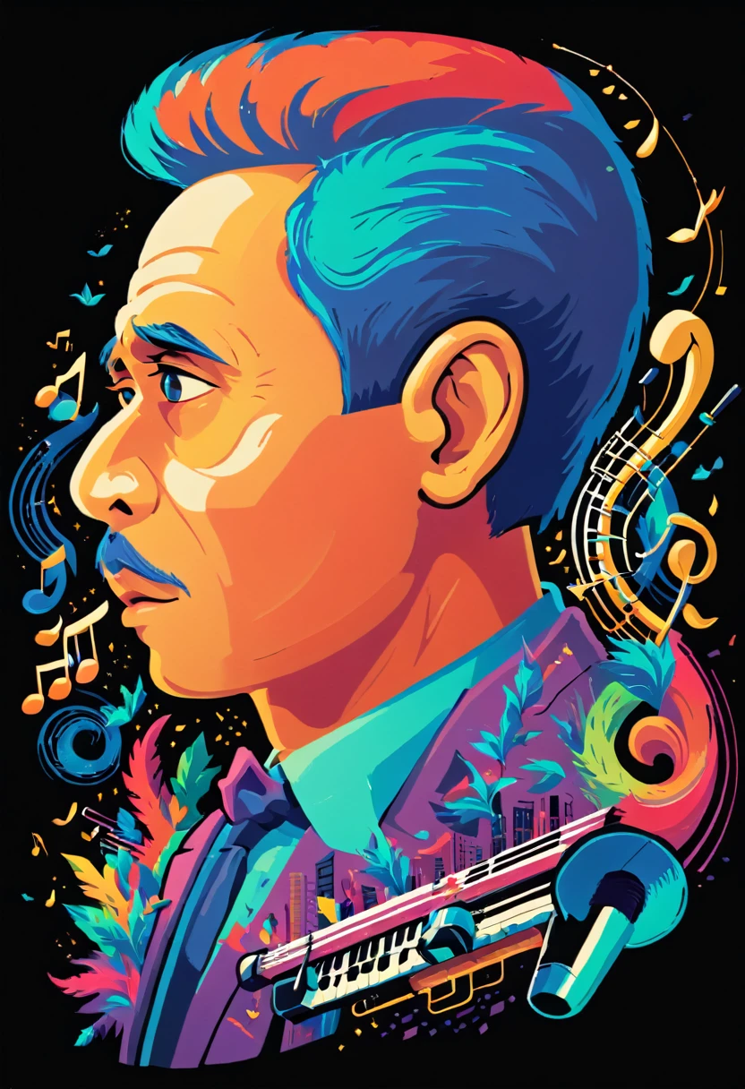 concept poster a Indonesia 45 years man, a half body portrait at musical notes, digital artwork by tom whalen, bold lines, vibrant, saturated colors, wpap,detailed fac,Vibrant colors palettes