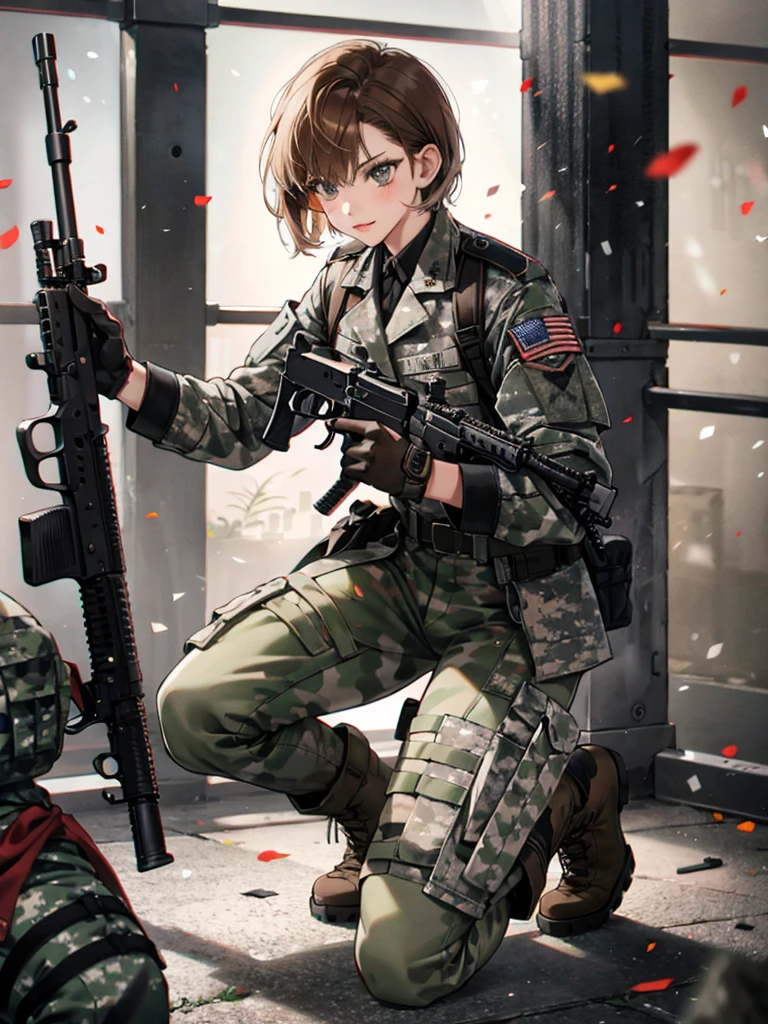 1girl, solo, short hair, brown hair, gloves, weapon, boots, uniform, gun, military, military uniform, rifle, assault rifle, one knee, camouflage