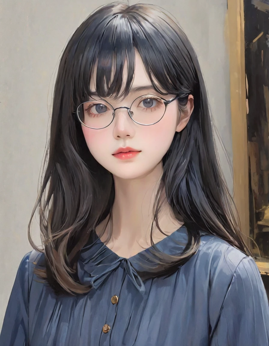 Tabletop, highest quality, Very delicate and beautiful girl,Very delicate and beautiful, Silky black hair、Gray pupil、Very detailed_face_pupil, Very detailed, highest quality, High resolution, Very detailed,1 girl, highest quality, shape, Looking at the audience, Genuineistic, realist ,Genuine, oil painting, Wearing glasses, gradient hair color