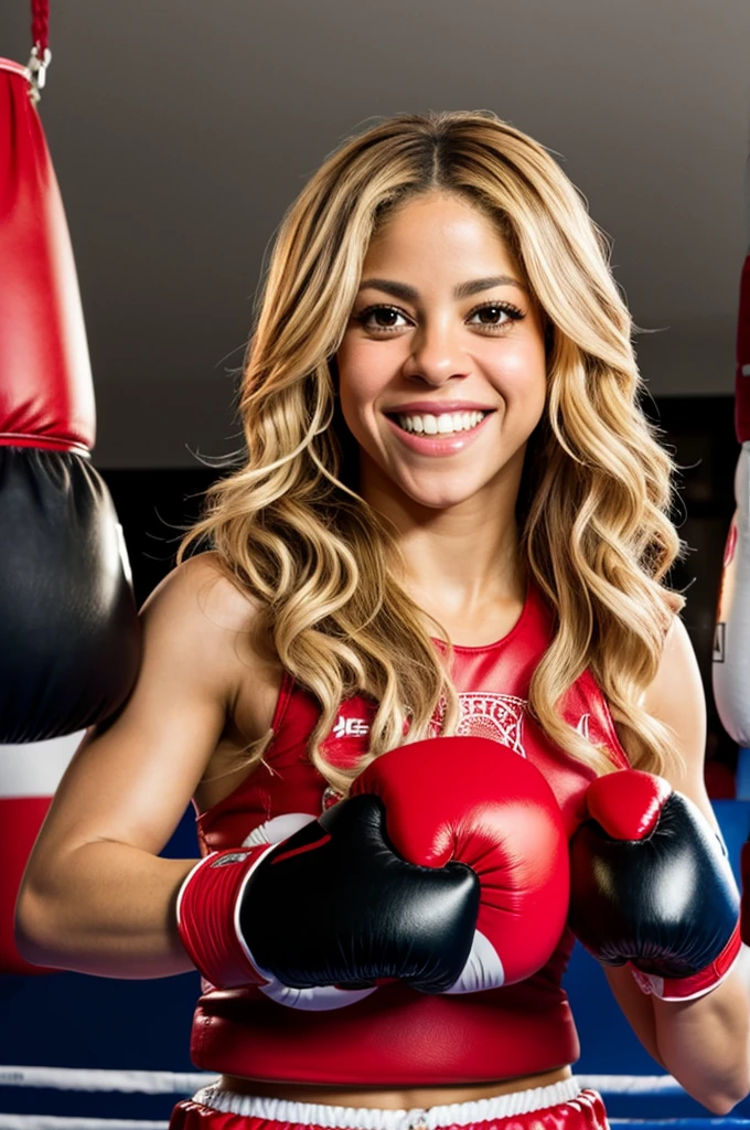 shakira beautiful, smiling, boxing in and big red boxing gloves