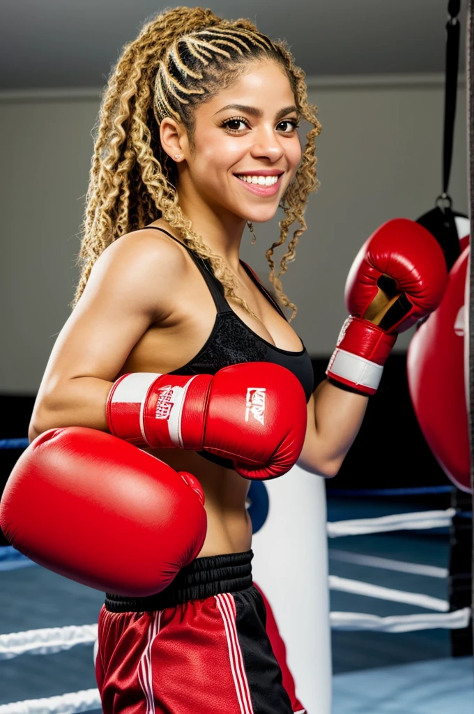 shakira beautiful, smiling, boxing in and big red boxing gloves