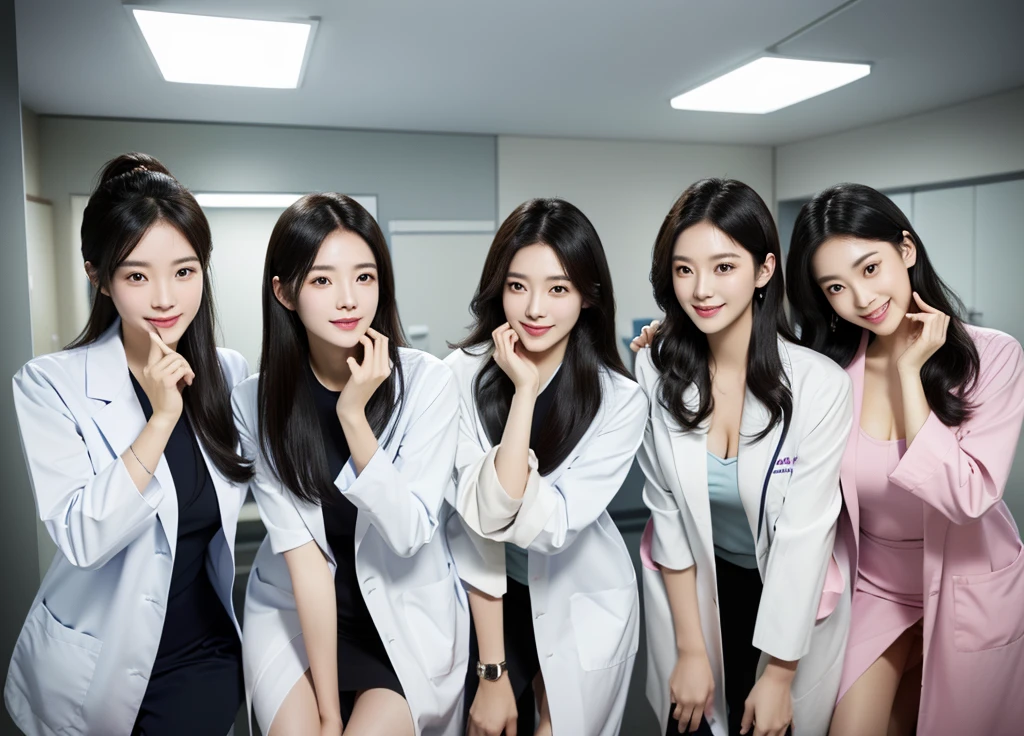 fullbody shot, 5girls, smiling, beautiful Japanese female doctor wearing labcoat , beautiful detailed face, Japanese woman, black hair, pale skin, realistic skin, detailed cloth texture, detailed hair texture, Perfect proportion, Beautiful Face, accurate, Anatomically correct, Highly detailed face and skin texture , looking at viewer , modern hospital building