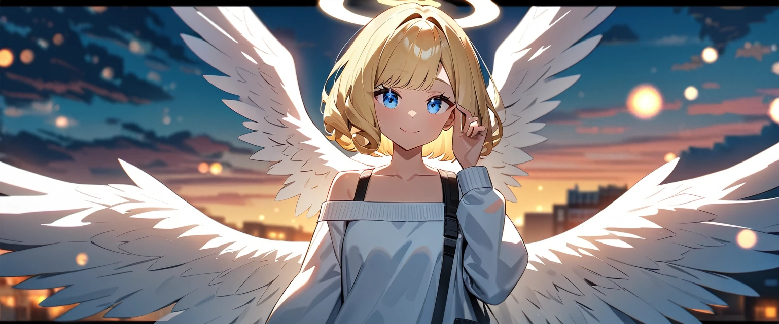 ((flying in the sky)), ((angel, big big white wings:1.3, halo:1.3)), ((sky)), (((sunglasses, hand to sunglasses))), (((cowboy shot))), archangel Uriel, ((wavy hair, inward curled hair)), evening, Sunset, ((blond hair, bob cut:1.3)), breasts, ager, (looking at viewer), oversized clothes, puffy long sleeves, collarbone, ((off-shoulder sweater:1.3, Quite thick shoulder straps)), ((white sweater)), collarbone, head tilt:1.3, (((blue eyes))), ((happy smile)), (((anime style))), (best quality, 4K, 8K, highres, masterpiece:1.2, ultra-detailed, ultra-detailed eyes, HDR, uhd, studio lighting, ultra-fine painting, sharp focus, physically-based rendering, extreme detail description, professional, vivid colors, bokeh)