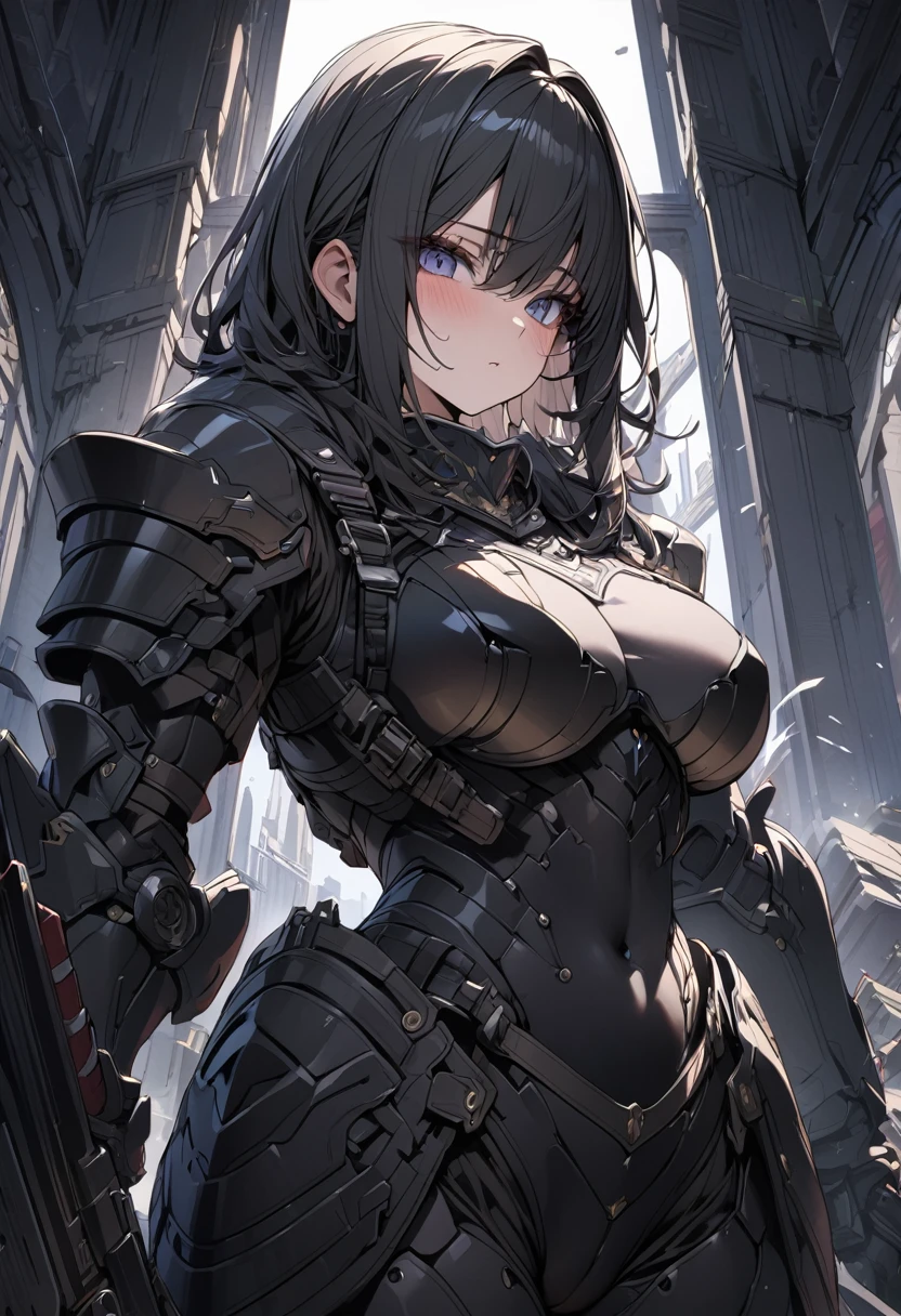 ultra detailed, 4k, Masterpiece, heavily armed girl, without helmet, dark plate armor