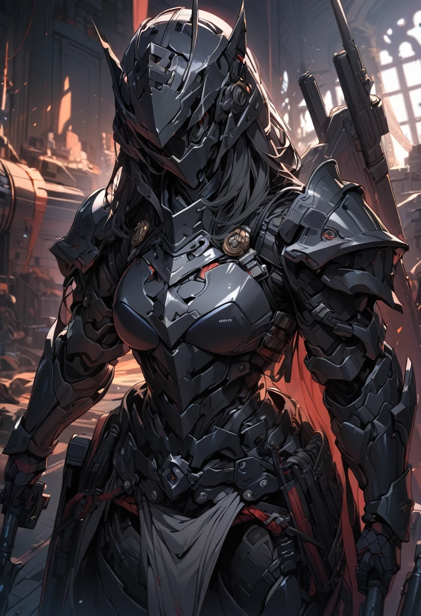 ultra detailed, 4k, Masterpiece, heavily armed girl, without helmet, dark plate armor