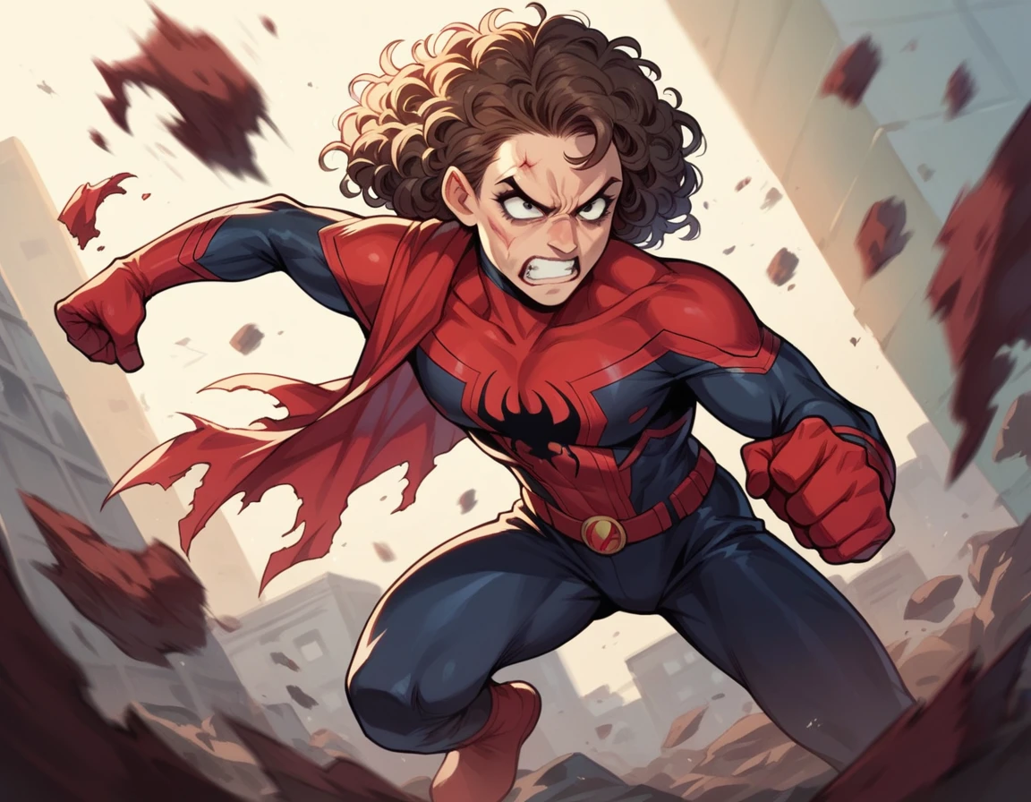 in the Marvel Comics style, create one with shoulder-length, curly brown hair, light-skinned girl in black spiderman suit punching carnage in the middle of a destroyed city