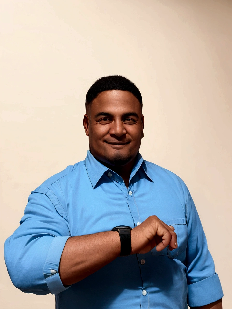 there is a man in a blue shirt is holding a smart watch, professional picture, professional profile picture, riyahd cassiem, headshot profile picture, profile picture, taken in the early 2020s, profile picture 1024px, mohamed chahin, album photo, headshot photo, professional profile photo, detailed professional photo, news reporter anthony conn