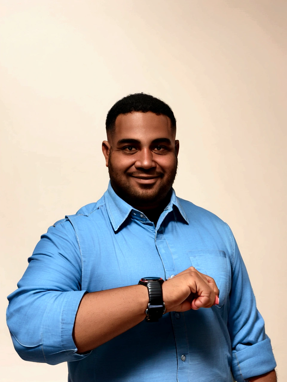 there is a man in a blue shirt is holding a smart watch, professional picture, professional profile picture, riyahd cassiem, headshot profile picture, profile picture, taken in the early 2020s, profile picture 1024px, mohamed chahin, album photo, headshot photo, professional profile photo, detailed professional photo, news reporter anthony conn