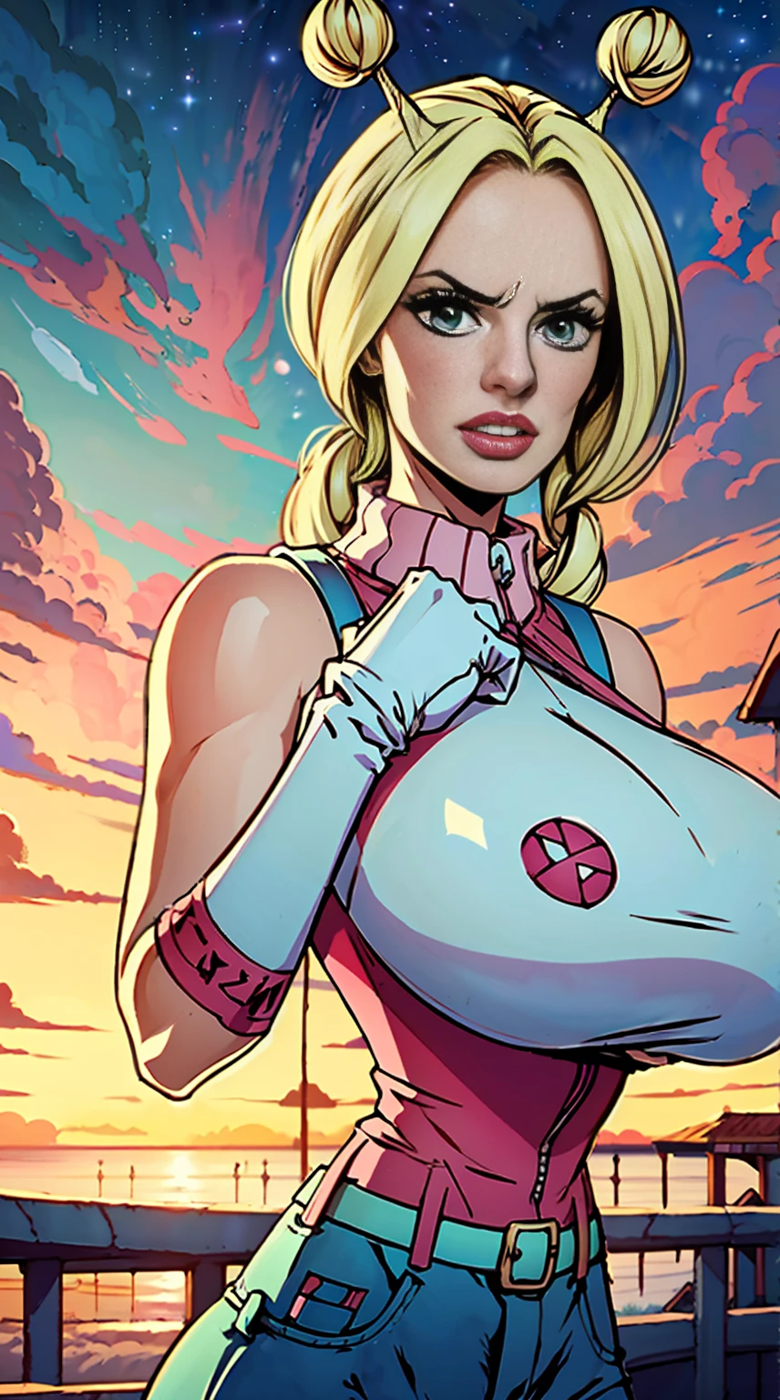 hyper largest_breastsout!! with the type of elons, , Waifu, work of art, curved, breastsout, random hair, random colors, full sunset,, 1 girl, Jenna Jameson, neckleace, large breastsout, regatta, blue colored eyes, assessment:explicit,Rule 34, unconditional, ,,clenched hands, punching, natta, sky, overalls, pants, bared shoulders, clenched hand, assessment:questionable, shorth hair, waist belt, hair green, standing alone, Jumpy, orange gloves, bite the lips(gigantic and huge breasts:1.1), breastsout, official illustration, illustration, face detailed, beautiful intricate eyes, curved milf, 1:2), close up, niplles