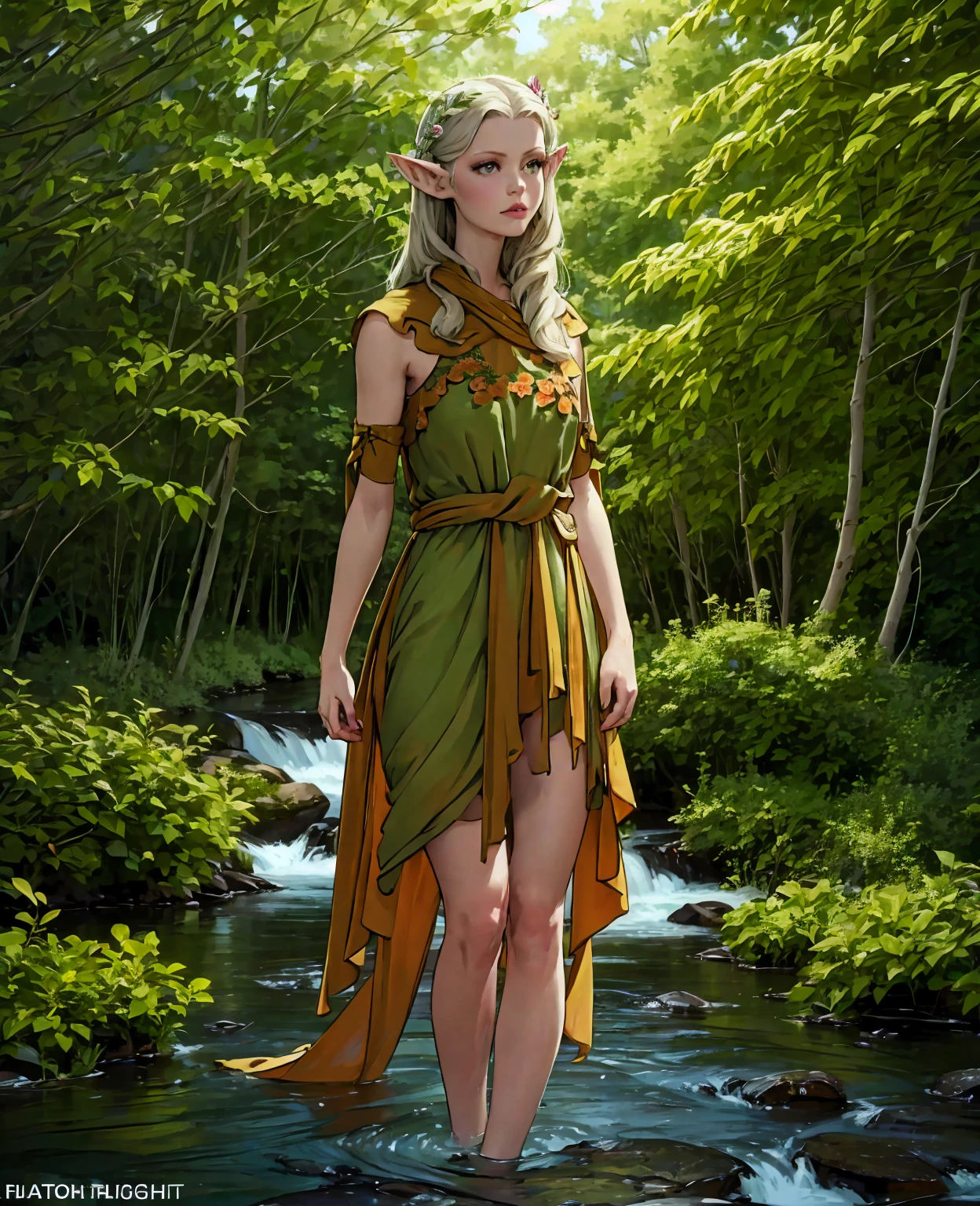 A beautiful elf girl with long pointy ears, delicate facial features, green eyes, full red lips, high cheekbones, flowing silver hair, wearing an intricate green dress decorated with flowers and vines, standing in a lush enchanted forest with sunlight filtering through the trees, magical glowing butterflies, (best quality,4k,8k,highres,masterpiece:1.2),ultra-detailed,(realistic,photorealistic,photo-realistic:1.37),fantasy,cinematic lighting,warm color palette,highly detailed