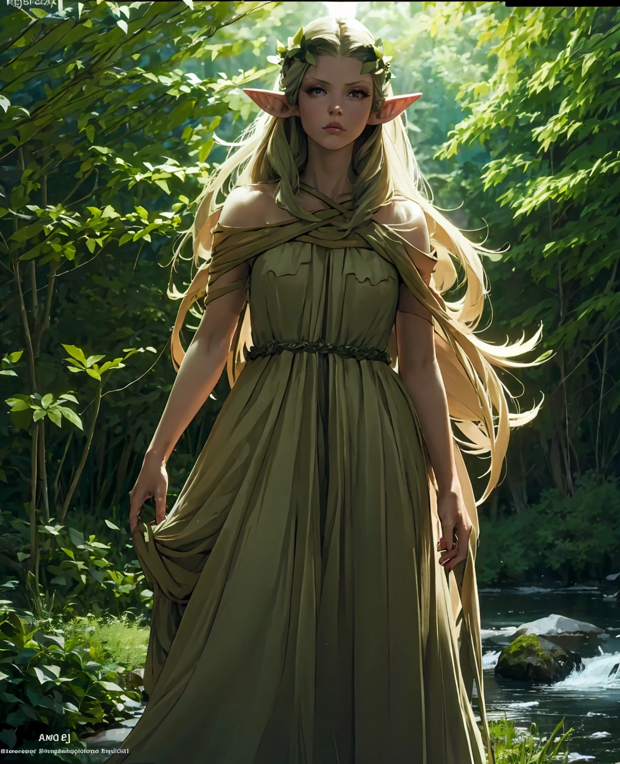 A beautiful elf girl with long pointy ears, delicate facial features, green eyes, full red lips, high cheekbones, flowing silver hair, wearing an intricate green dress decorated with flowers and vines, standing in a lush enchanted forest with sunlight filtering through the trees, magical glowing butterflies, (best quality,4k,8k,highres,masterpiece:1.2),ultra-detailed,(realistic,photorealistic,photo-realistic:1.37),fantasy,cinematic lighting,warm color palette,highly detailed